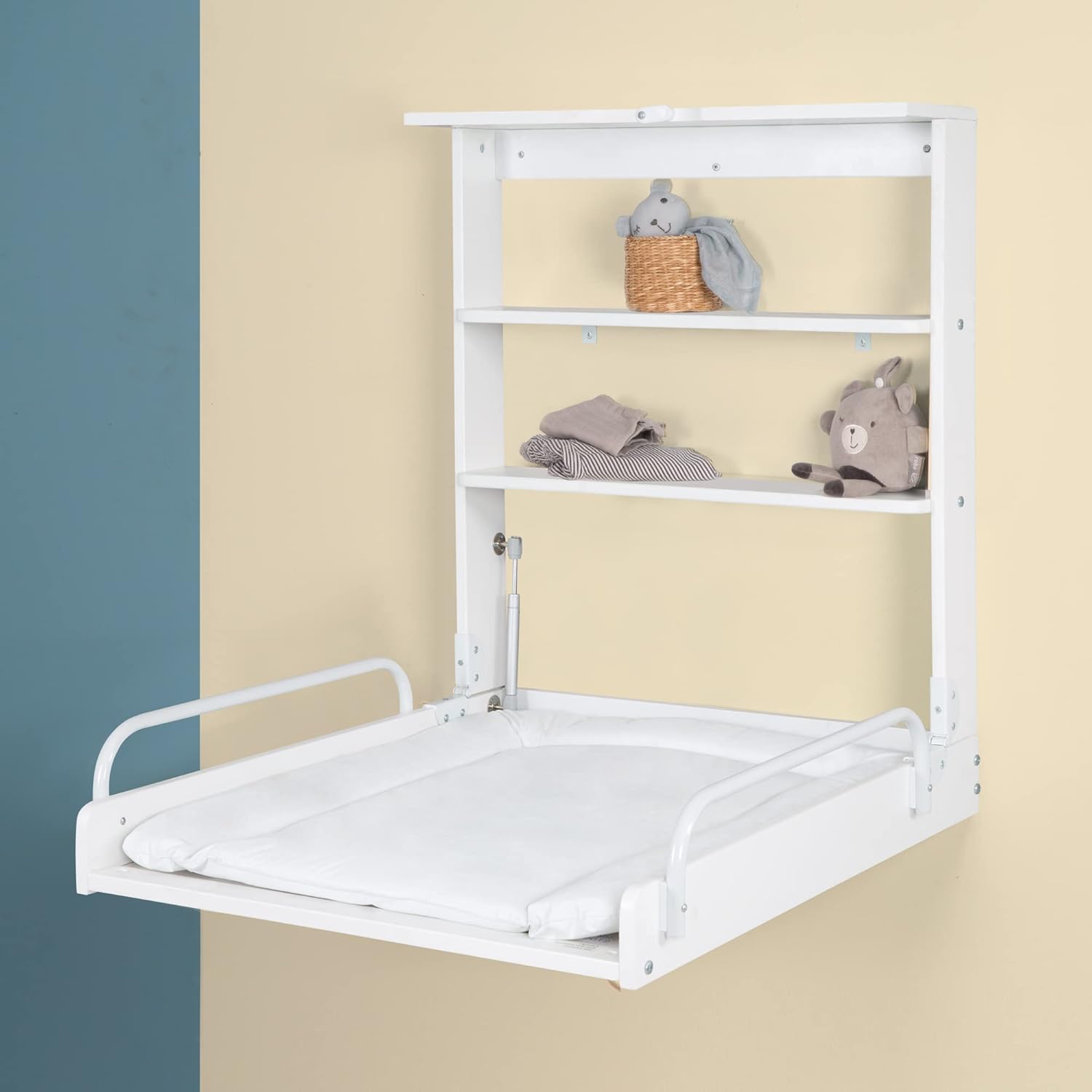 Detalle de roba Table à Langer Murale Pliante en Bois Laqué Blanc avec Matelas de Change – 2 Étagères, 15 kg
