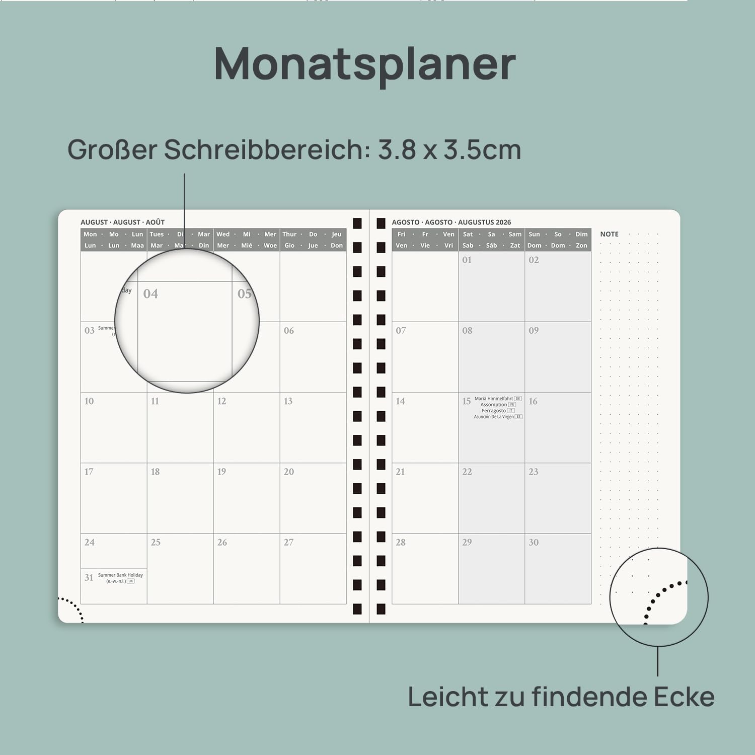 Thumbnail 3 de POPRUN Kalender 2026/2027 Wochenplaner (Aug.2026–Dez.2027) im Ringbuch, ca. A5 – Graugrün