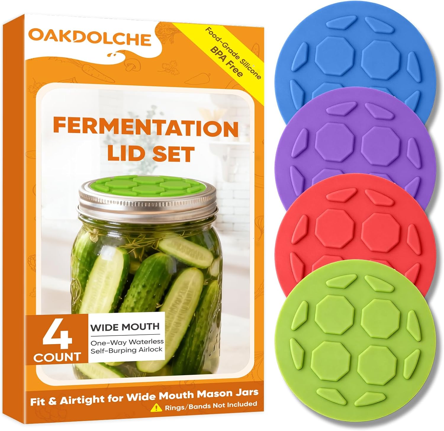 Detalle de OAKDOLCHE Model 4 Silicone Fermentation Lids for Wide-Mouth Mason Jars, 4-Pack