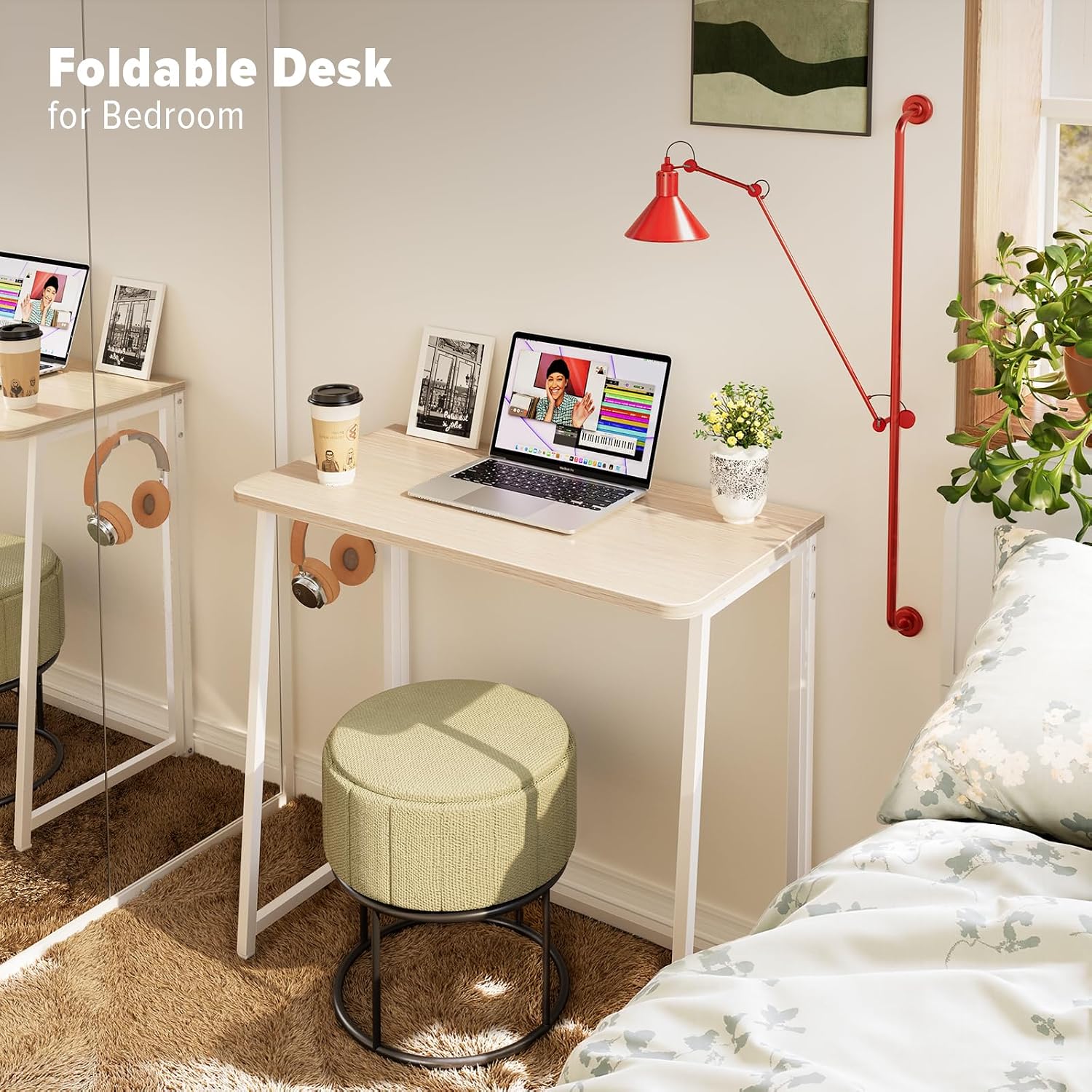 Detalle de WOHOMO Folding Desk (Small) 80cm foldable table in oak-style finish