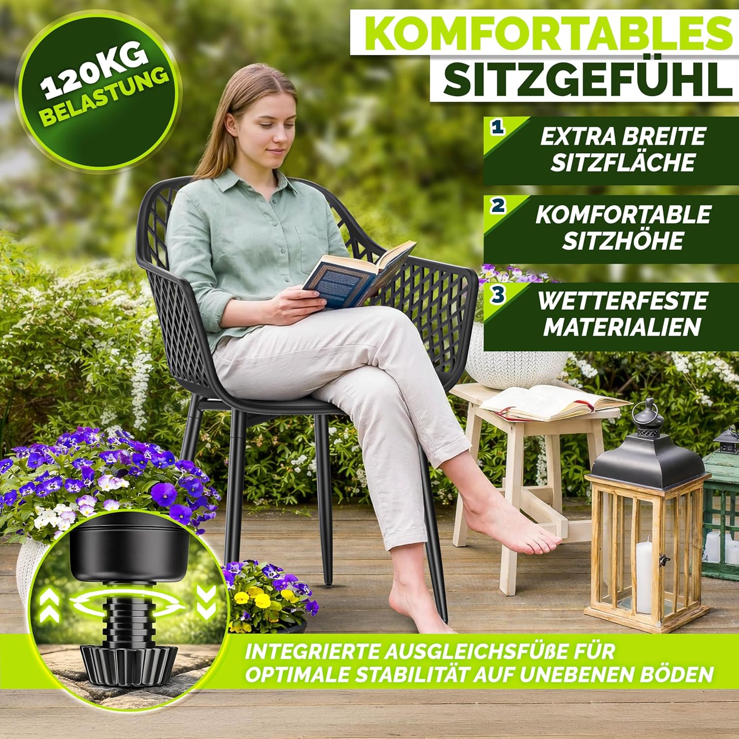 Thumbnail 5 de tillvex® Gartenstuhl 4er-Set mit Armlehne – wetterfest, UV-beständig, bis 120 kg