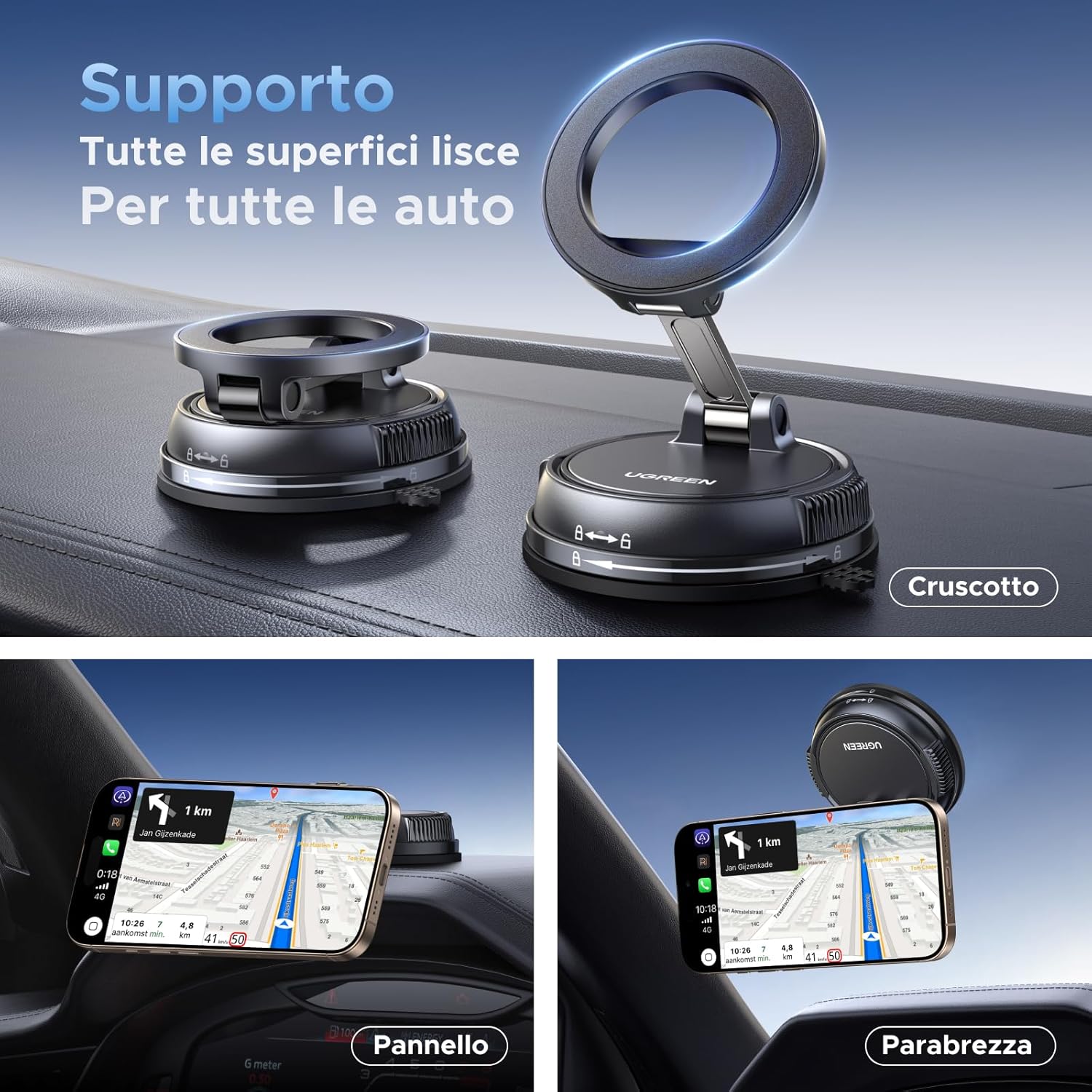 Thumbnail 5 de UGREEN Supporto Telefono Auto MagSafe 2 in 1 con ventosa e adesivo, rotazione 360° (iPhone MagSafe) Nero