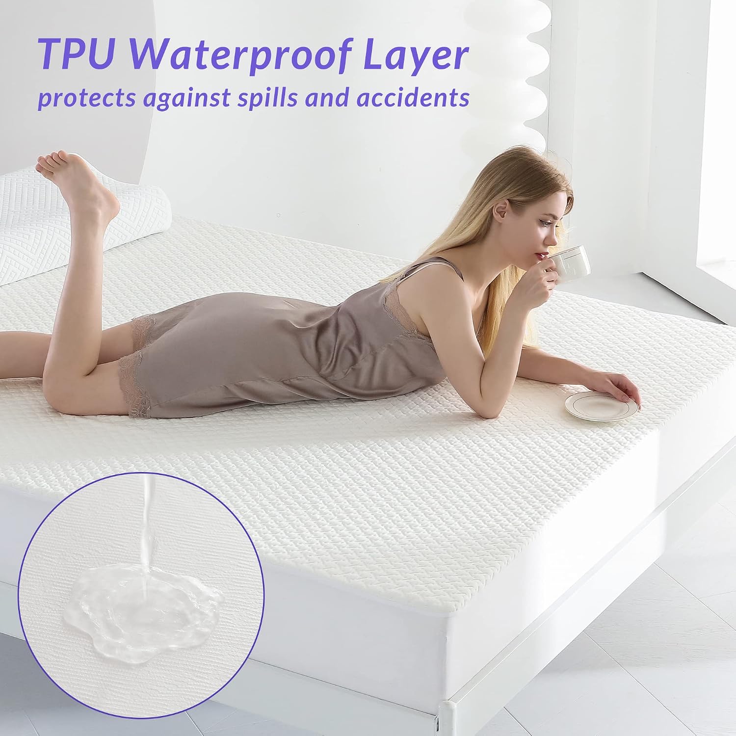 Detalle de Coriwell Waterproof Mattress Protector – King Bamboo Extra Deep Pocket, Breathable, 150 × 200 + 30 cm Deep Skirt