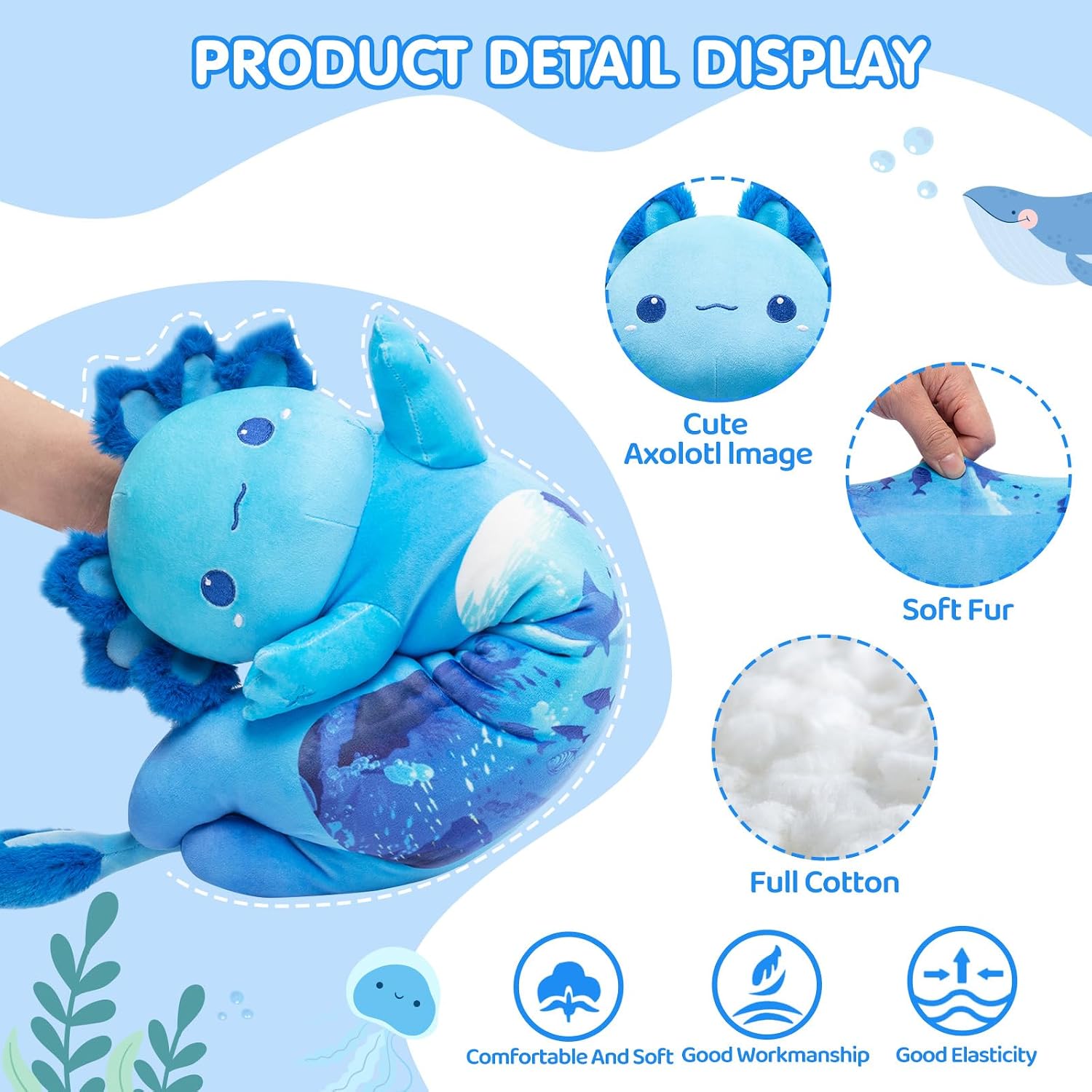 Detalle de Mewaii Long Body Plush Cute Blue Axolotl 20 Inch – soft cuddly long-body pillow doll for kids and adults