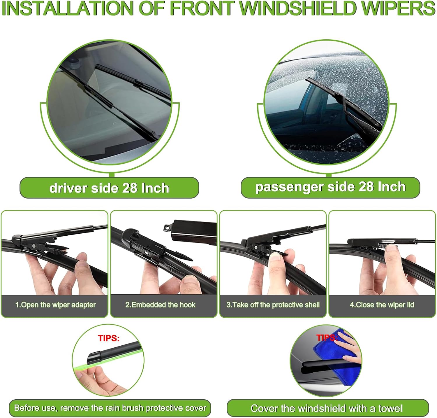 Detalle de PARRATI Windshield Wipers for 2013-2019 Ford Escape (28" front + 11" rear, set of 3) — quiet, streak-free replacement blades