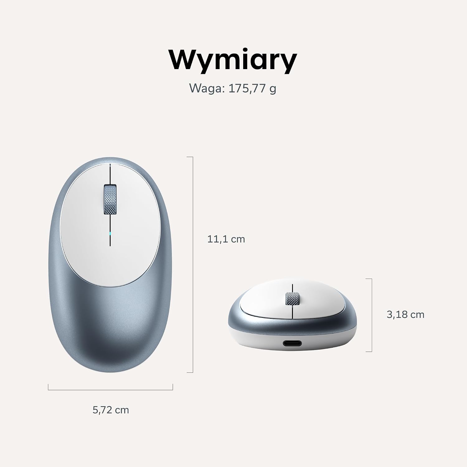 Detalle de SATECHI ST-ABTCMB M1 – niebieska mysz Bluetooth, USB-C, 1200 DPI