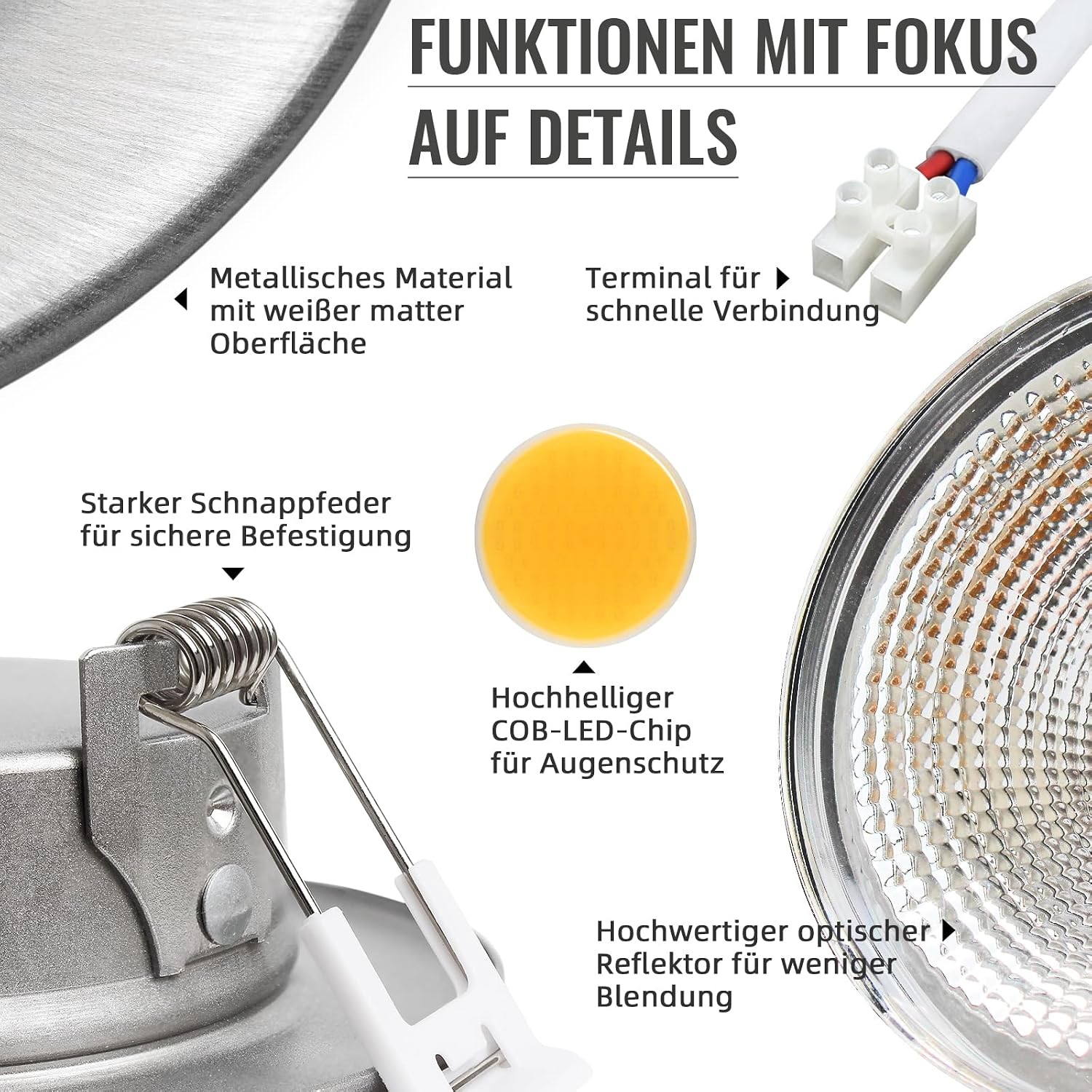 Thumbnail 3 de Wondlumi 6er LED Einbaustrahler Set 7W – 600 lm, 3000K, gebürsteter Edelstahl, 230V