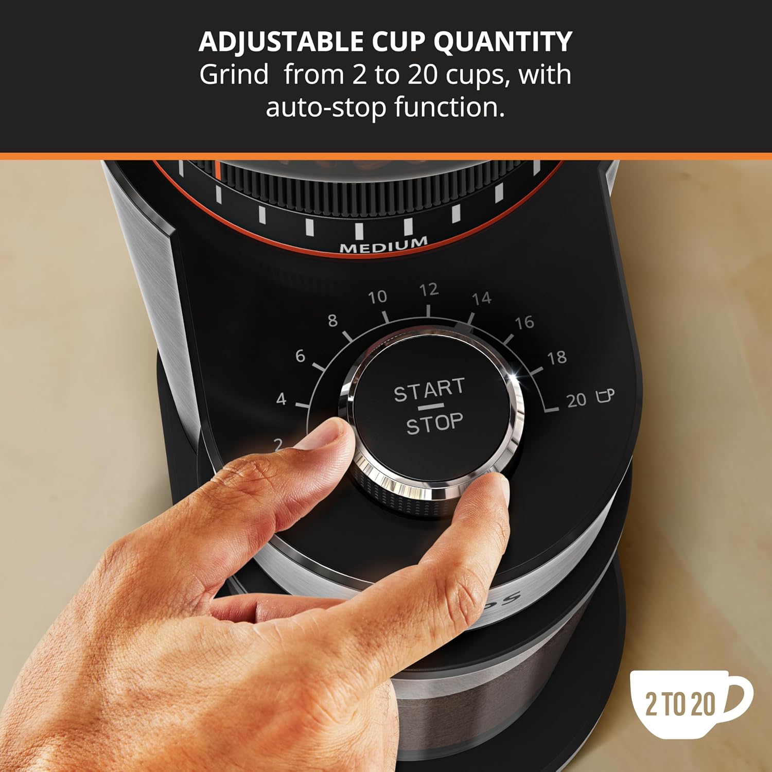 Detalle de KRUPS Flat Burr Coffee Grinder Electric, 18 Adjustable Settings, 2-20 Cups, Stainless Steel, Black