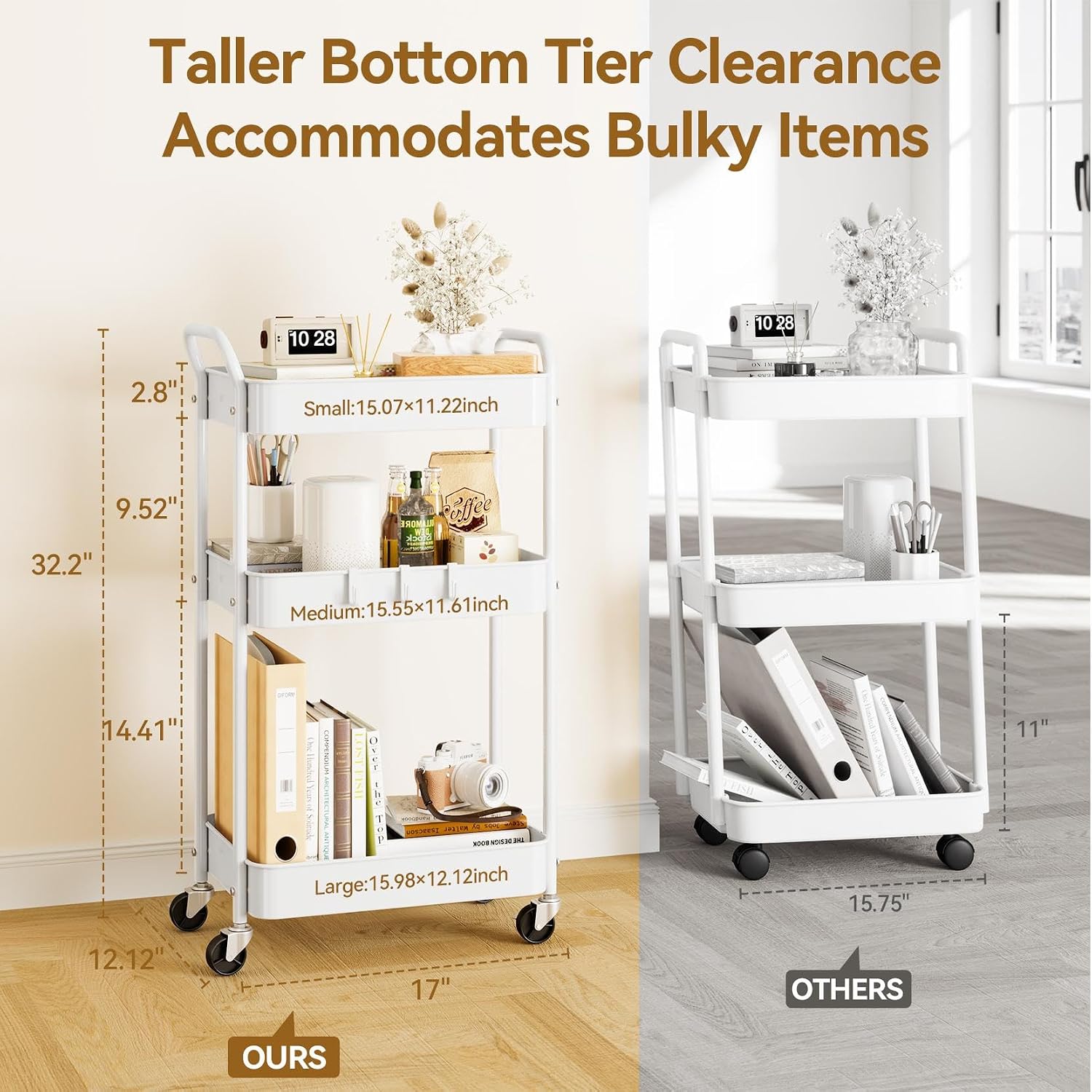 Detalle de YASONIC YS-306 3-Tier Metal Rolling Cart with Locking Swivel Wheels