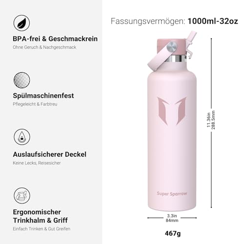 Detalle de Super Sparrow Sparrow Trinkflasche Edelstahl 1L – FlipFlow mit Strohhalm