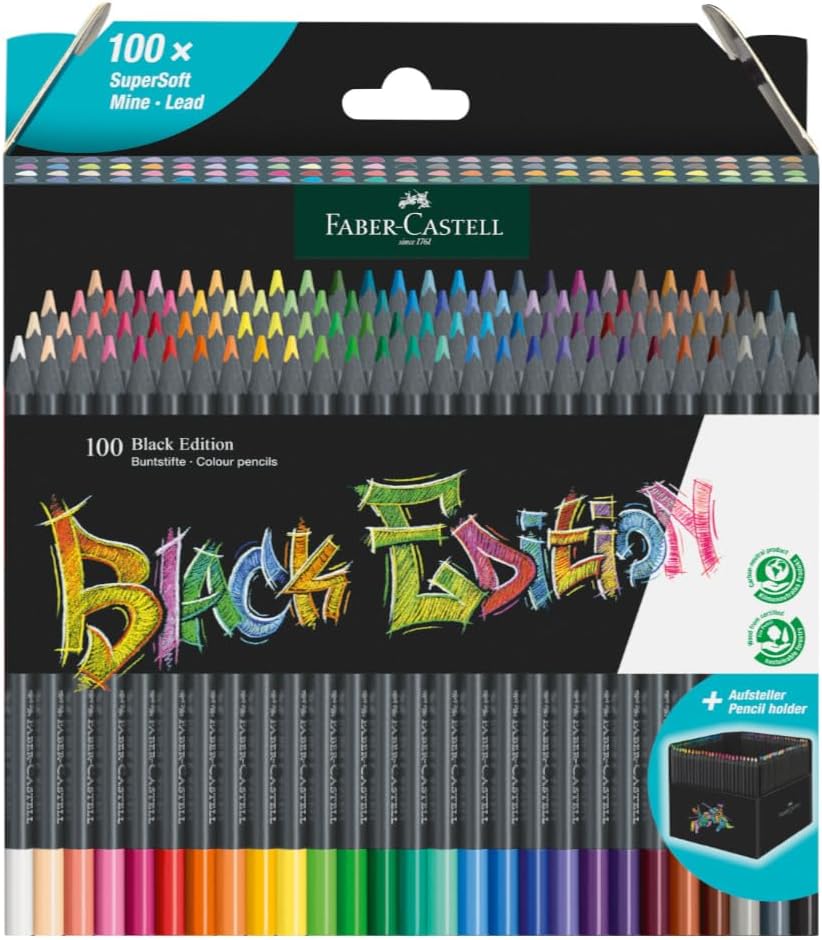 Detalle de Faber-Castell Black Edition 100-teiliges Buntstift-Set in Kartonbox – brillante Farben auf hellen und dunklen Papieren