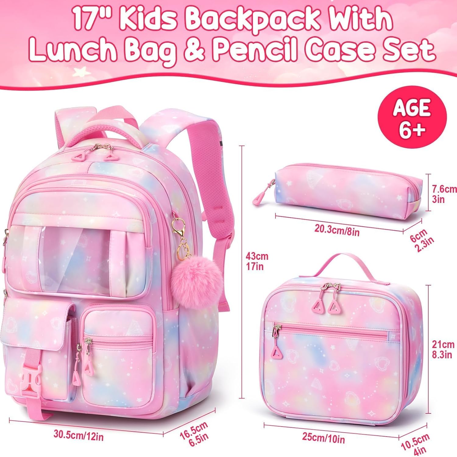 Thumbnail 1 de Fimibuke 3-in-1 Kids Backpack Set for Girls: 17x12x6.5 Lightweight, Water-Resistant School Backpack with Insulated Lunch Box & Pencil Pouch