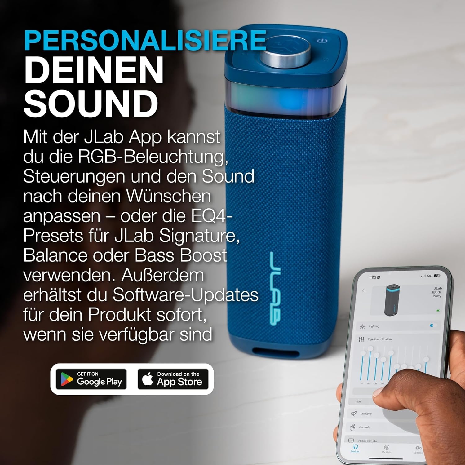 Thumbnail 3 de JLab JBuds Party tragbarer Bluetooth-Lautsprecher mit 12H+ Akkulaufzeit, 30W und IP56 – Marineblau