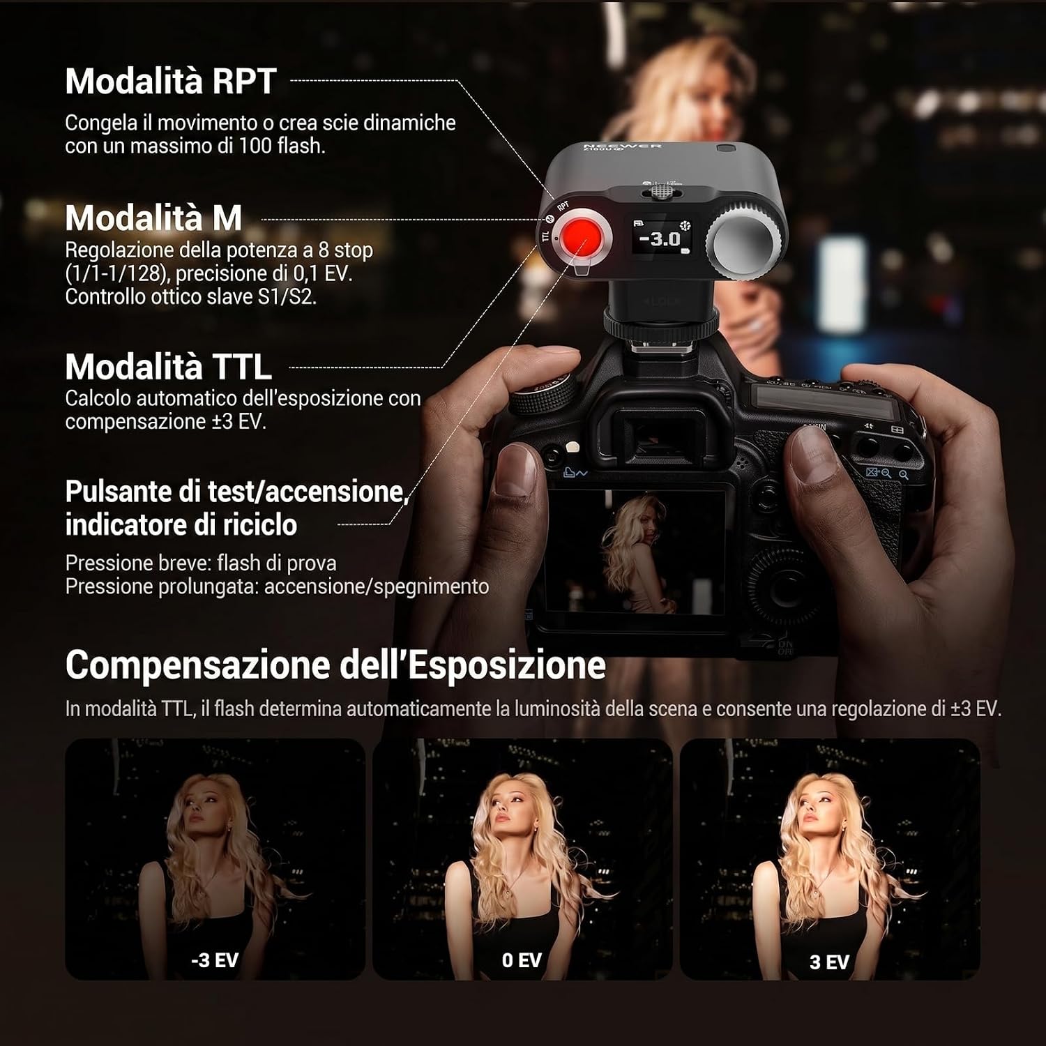 Detalle de NEEWER Z160U-N: Speedlite compatibile Nikon, 18Ws GN14, TTL/HSS, batteria integrata 1100mAh, USB-C