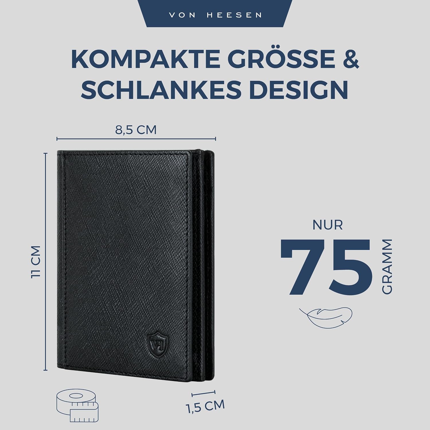 Detalle de VON HEESEN Leder Geldbörse mit Münzfach & RFID-Schutz – Saffiano Schwarz