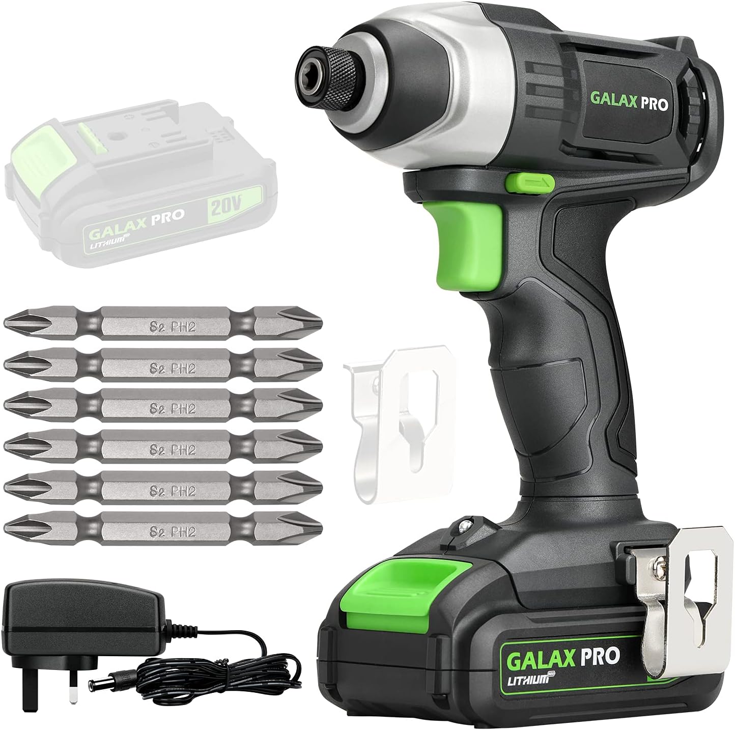Detalle de GALAX PRO Cordless Impact Driver 20V (0–2800RPM) with LED work light, 6 bit set, 1.3Ah battery & charger