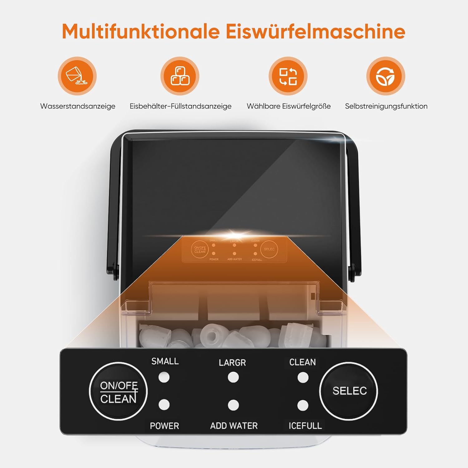 Detalle de Sweetcrispy Eiswürfelmaschine mit Tragegriff – 9 Würfel in 6 Minuten, 12 kg/24 h, kompakt, 2 Eisgrößen, Schwarz