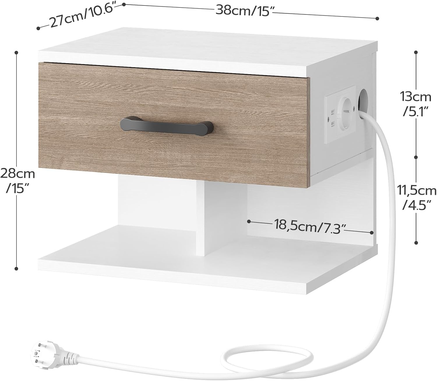 Detalle de HOOBRO Set di 2 Comodini Sospesi da Parete con Stazione di Ricarica (EWG127CBZP201) – Bianco e Grigio Anticato