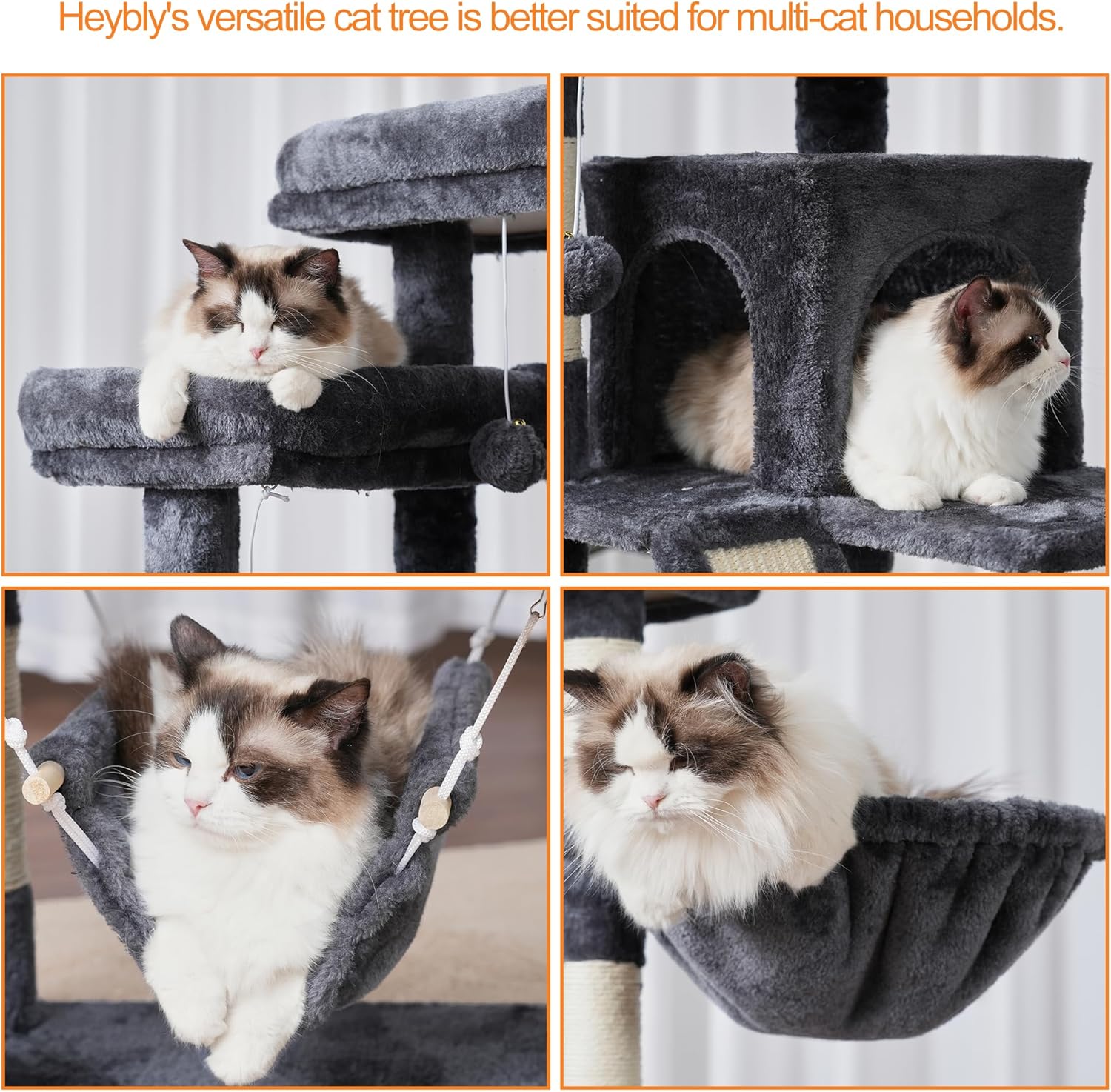 Detalle de Heybly Cat Tree 180 cm Tall Indoor Cat Tower with 2 Perches, 2 Condos and 2 Hammocks