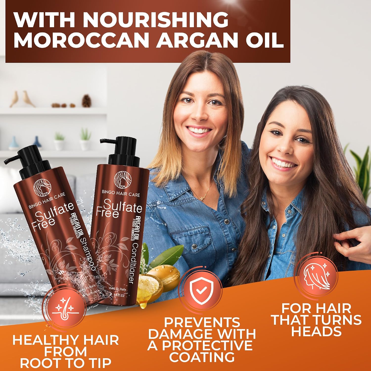Detalle de BINGO HAIR CARE Moroccan Argan Oil Shampoo and Conditioner Set, Sulfate-Free