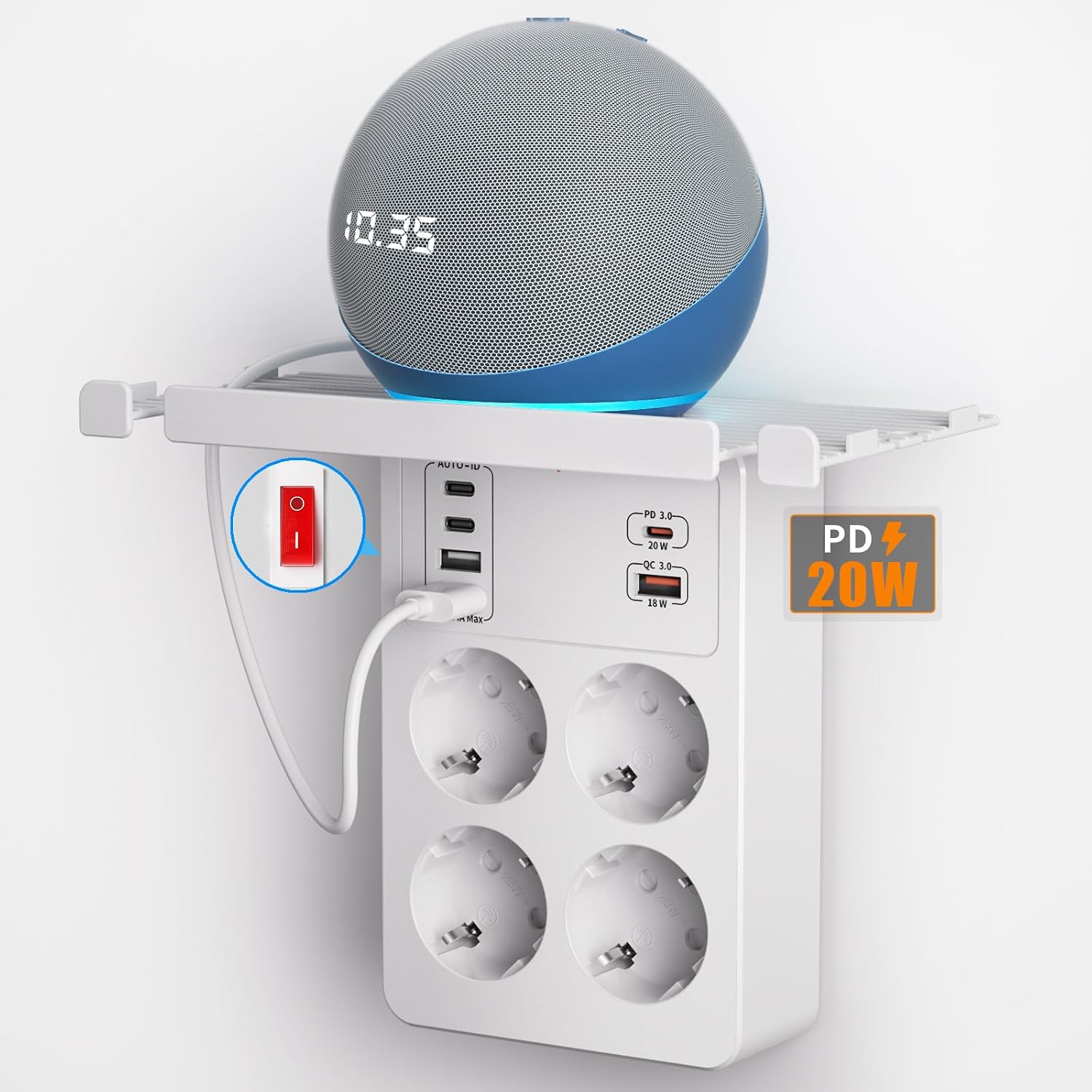 Detalle de PD20W Presa Multipla Salvaspazio: ricarica rapida PD3.0 e QC 18W in un unico anello di potenza