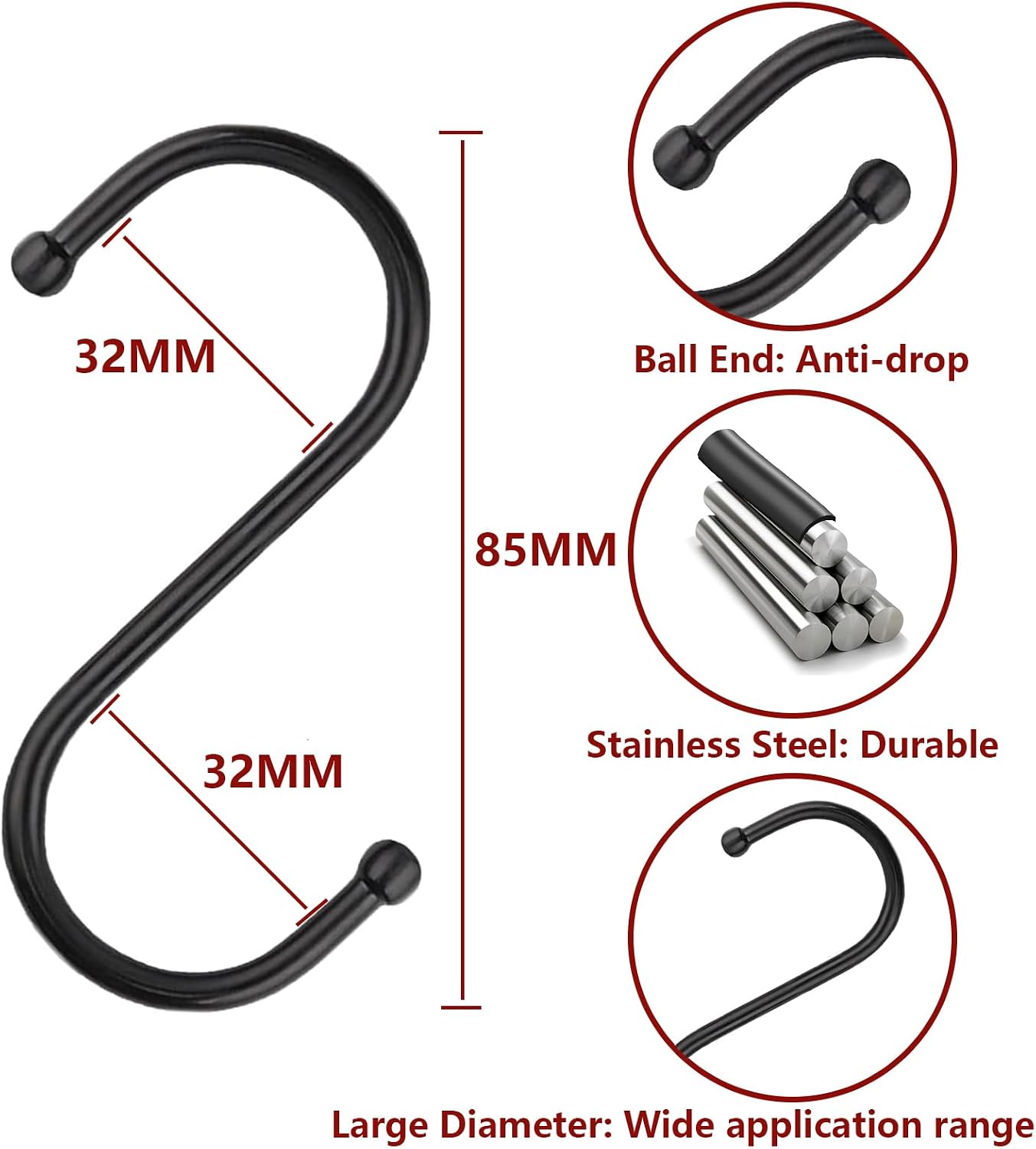 Detalle 2 de WKTRSM s hooks20 S-Hooks, Black, Pack of 20 for Home and Garden