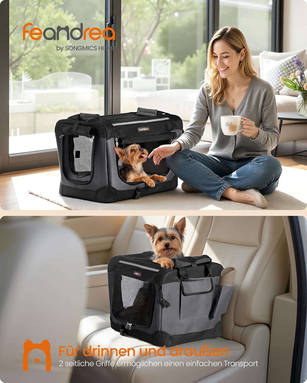 Detalle 2 de Feandrea faltbare Hundebox 50 cm – Transportbox für kleine Hunde, inkl. Netztüren, Schlaufen & Trinkflaschenhalter