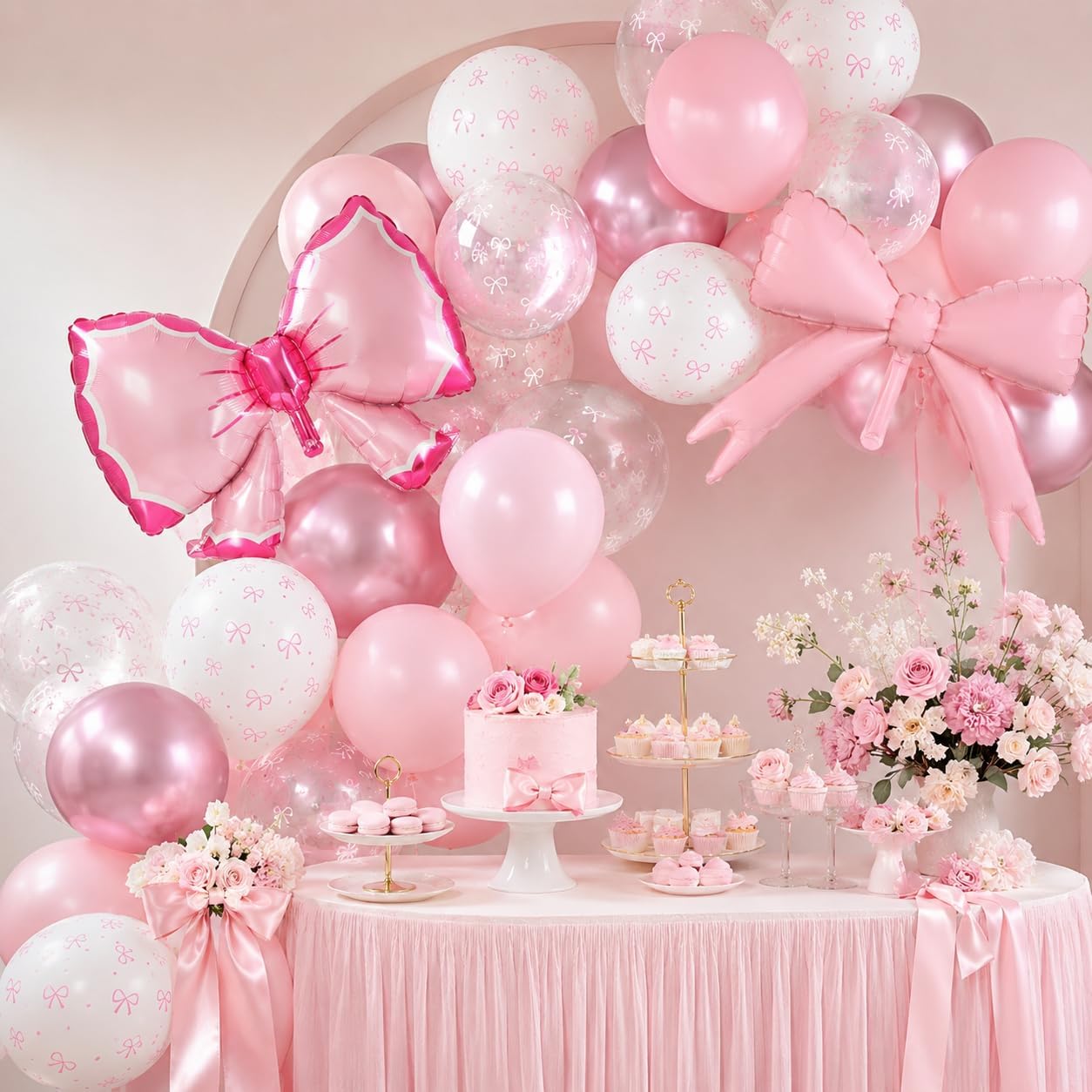 Detalle de Bow Balloons 35-Piece Light Baby Pink, White & Clear Pastel Balloon Set with Bow Foil Balloon and Ribbon