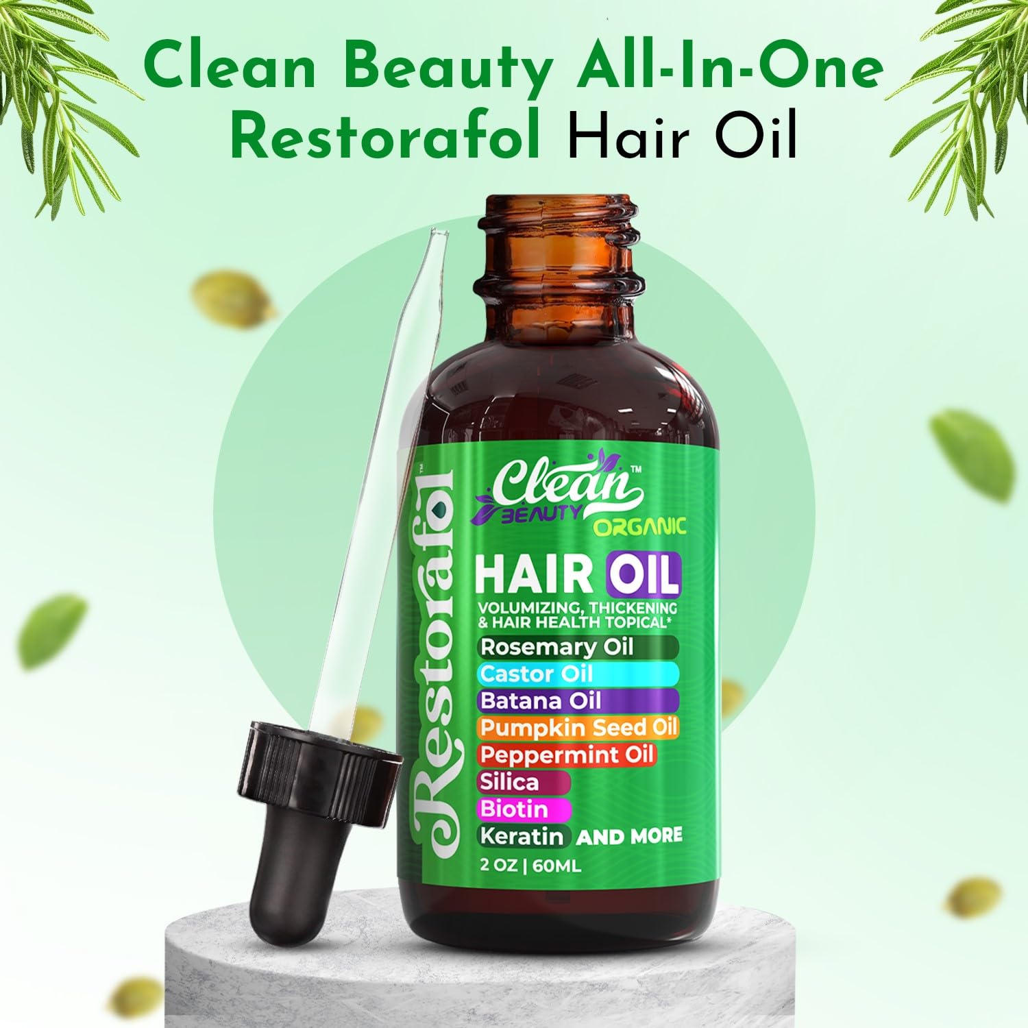 Detalle de Clean Beauty Rosemary Hair Oil for Growth (Castor, Batana, Pumpkin Seed + Biotin, Keratin, Silica) — 1 Pack