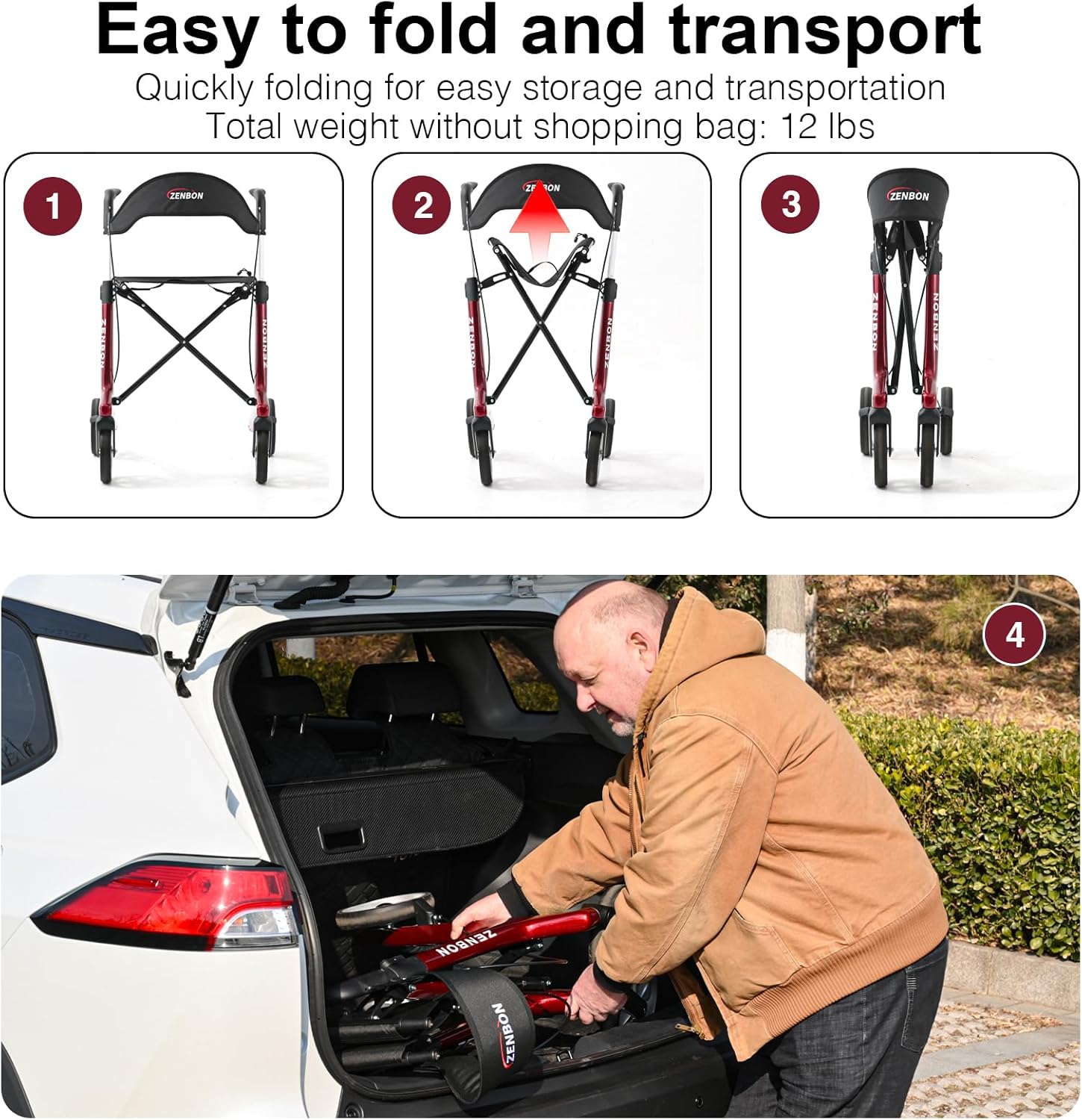 Detalle de Carbon Rollator Ultraleicht Klappbar – leichter Rollator mit Sitz für Alltag und Reise