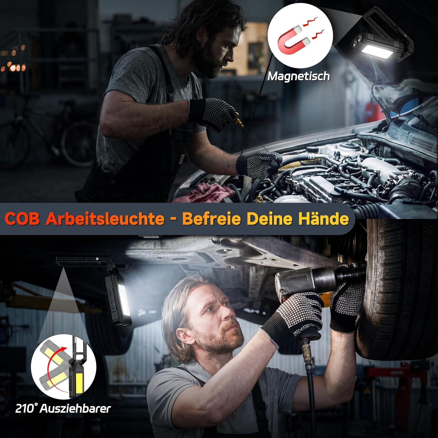 Thumbnail 2 de Daphomeu LED Taschenlampe mit Magnet – 2er-Set akkubetriebene COB-Arbeitsleuchte mit Schwenkfunktion