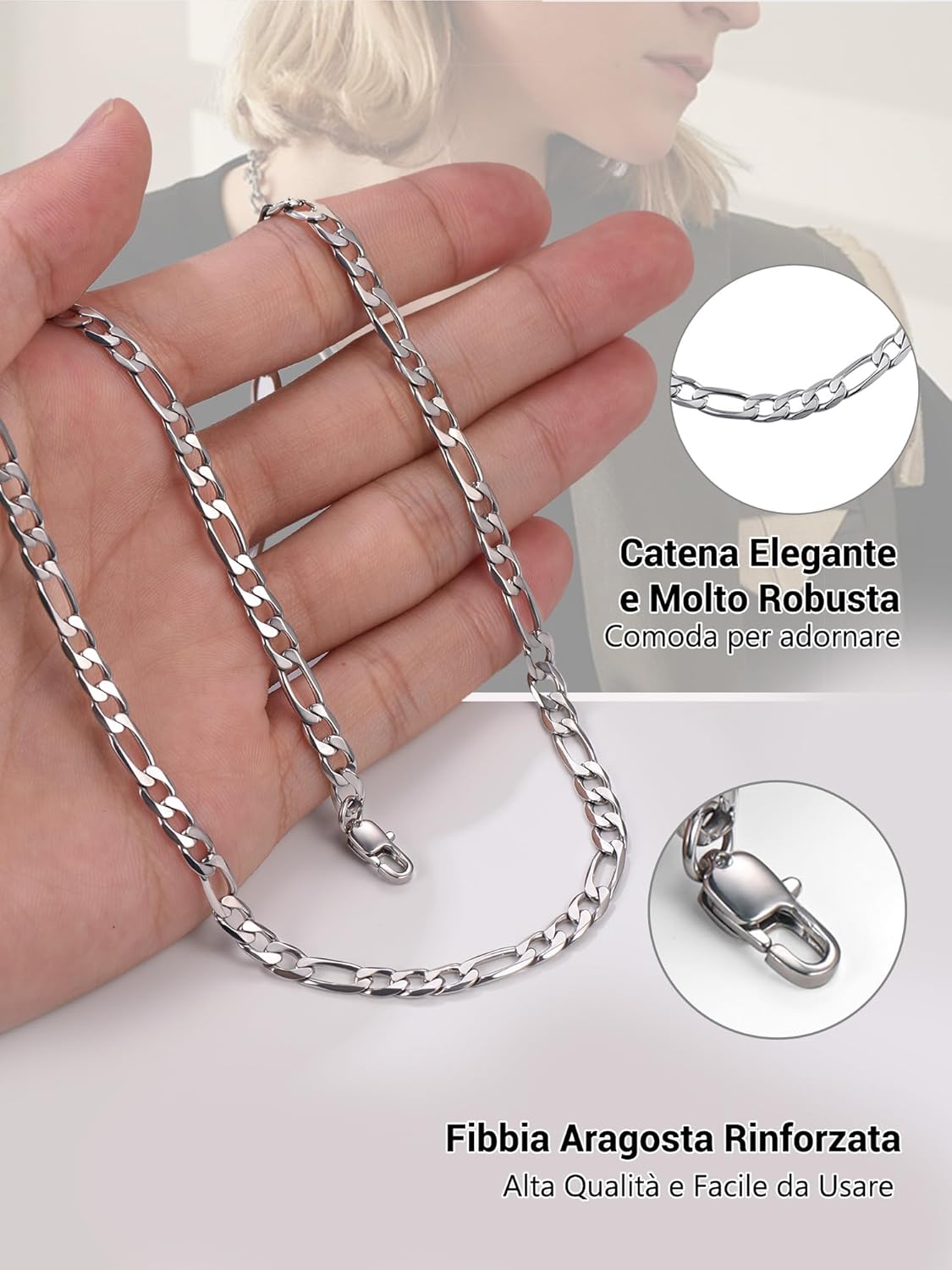 Thumbnail 3 de PROSTEEL Collana Catena Semplice da Uomo a Modello Maglia Figaro 3+1, 4/6/9/13 mm – Acciaio inox 316L, due tonalità