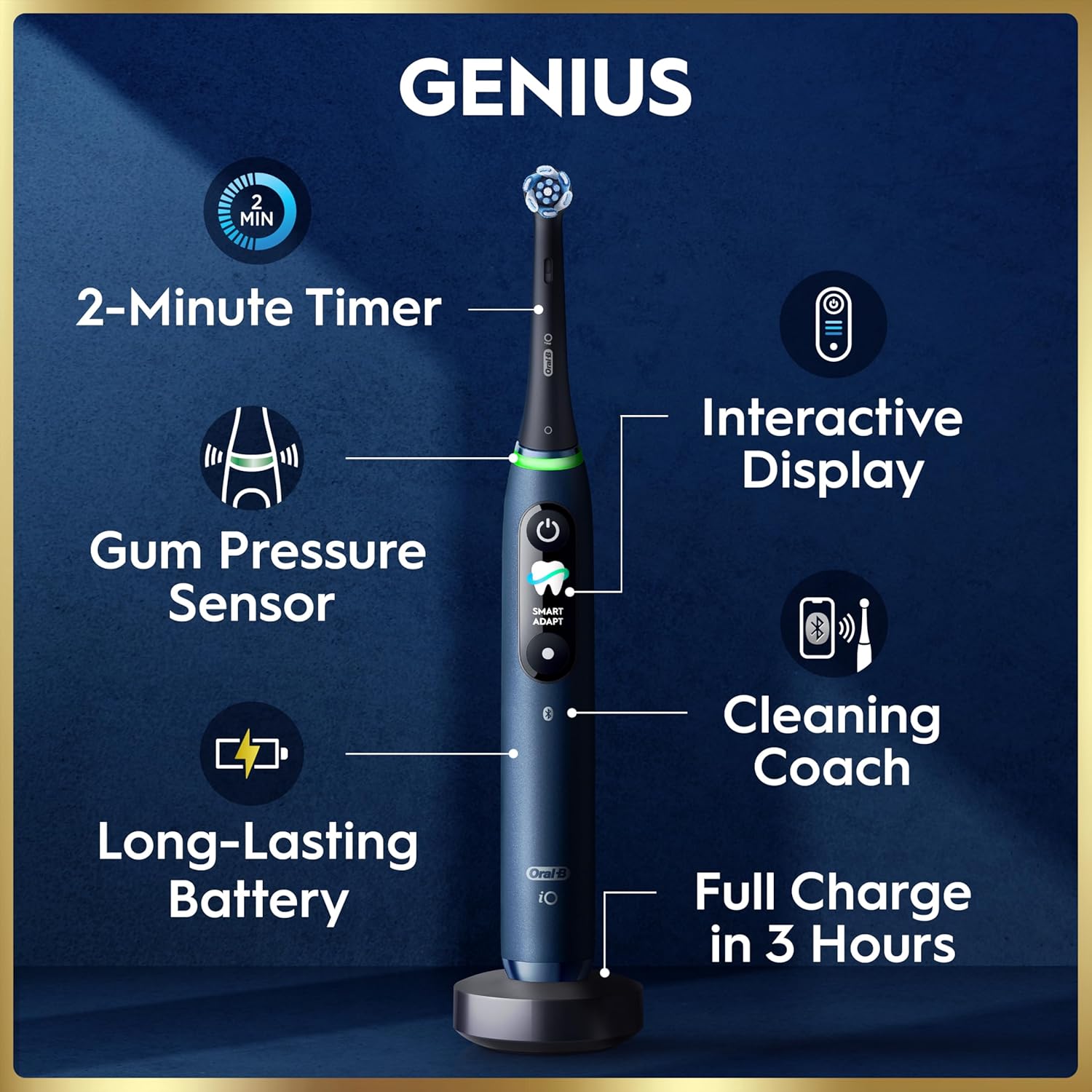 Thumbnail 2 de Oral-B iO 9 Electric Toothbrush (Sapphire Blue) with 3 brush heads, fast magnetic charger & travel case