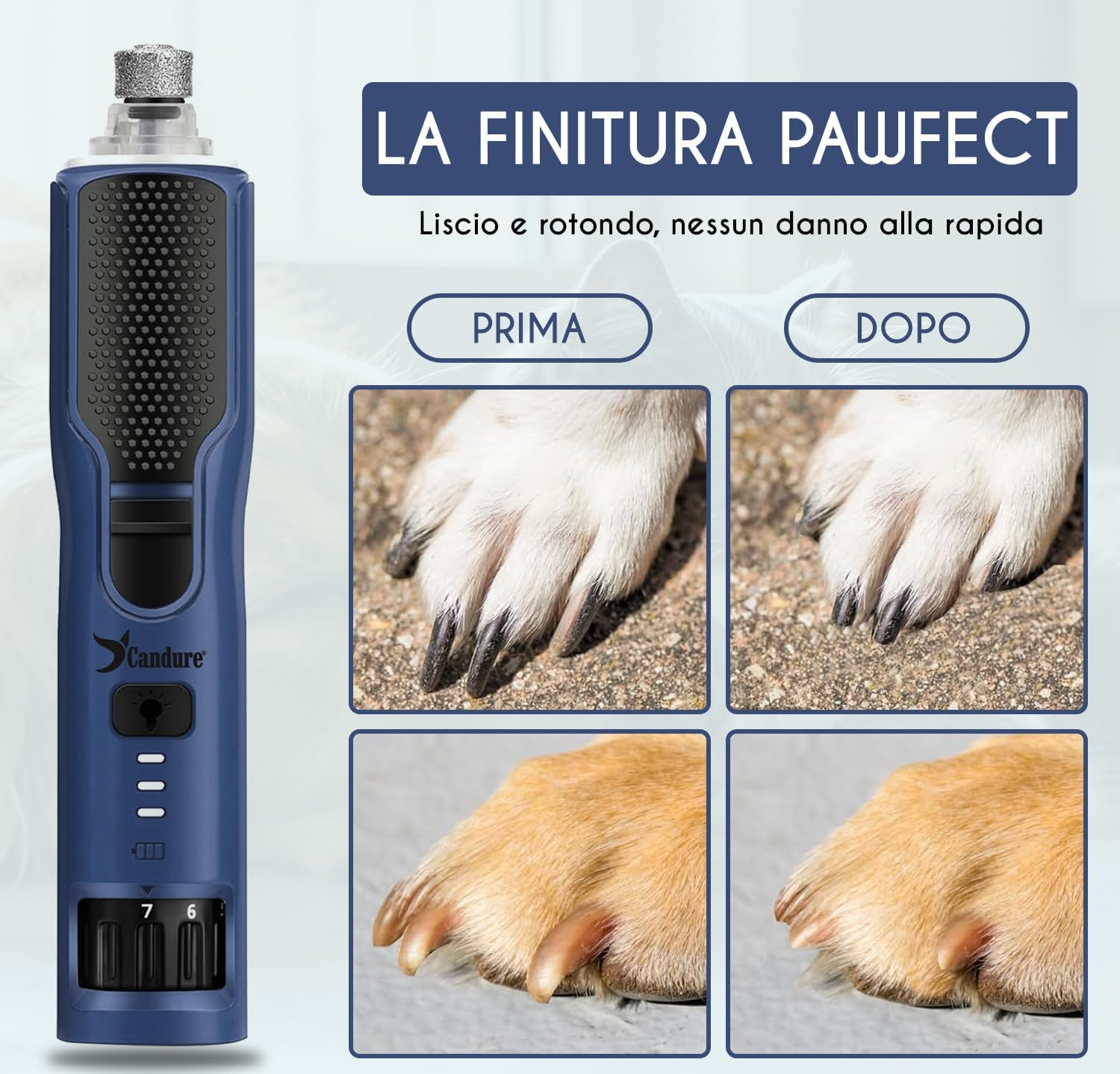 Thumbnail 6 de Candure Lima Elettrica per Unghie di Cani e Gatti – 7 Velocità, LED 360°, ricaricabile, con testina extra
