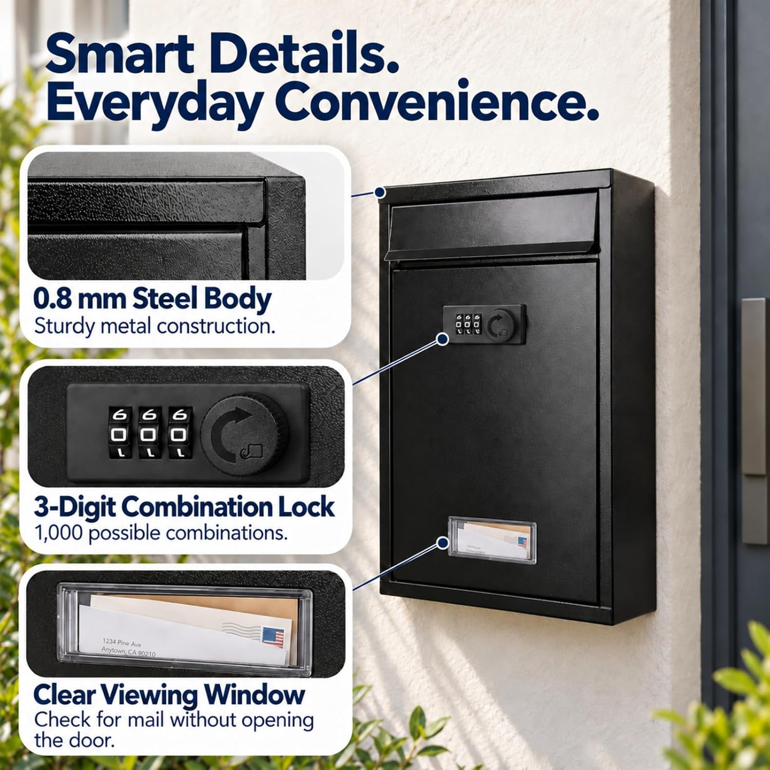 Detalle 2 de KYODOLED 30 Wall-Mount Mailbox with 3-Digit Combination Lock, Black Steel