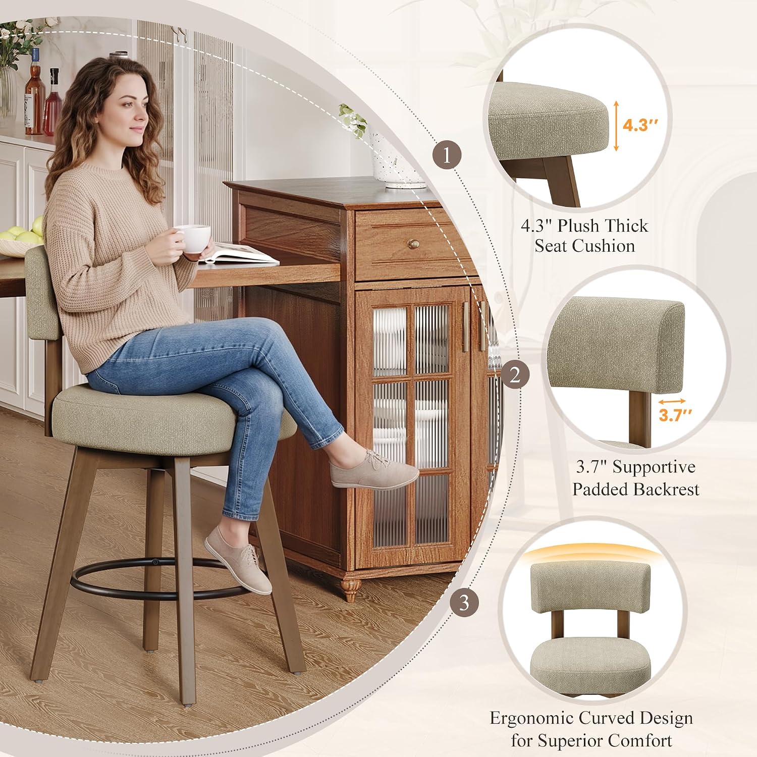 Thumbnail 3 de MALOL BSW37 Swivel Bar Stools, Set of 2, Camel Fabric, Solid Wood Legs