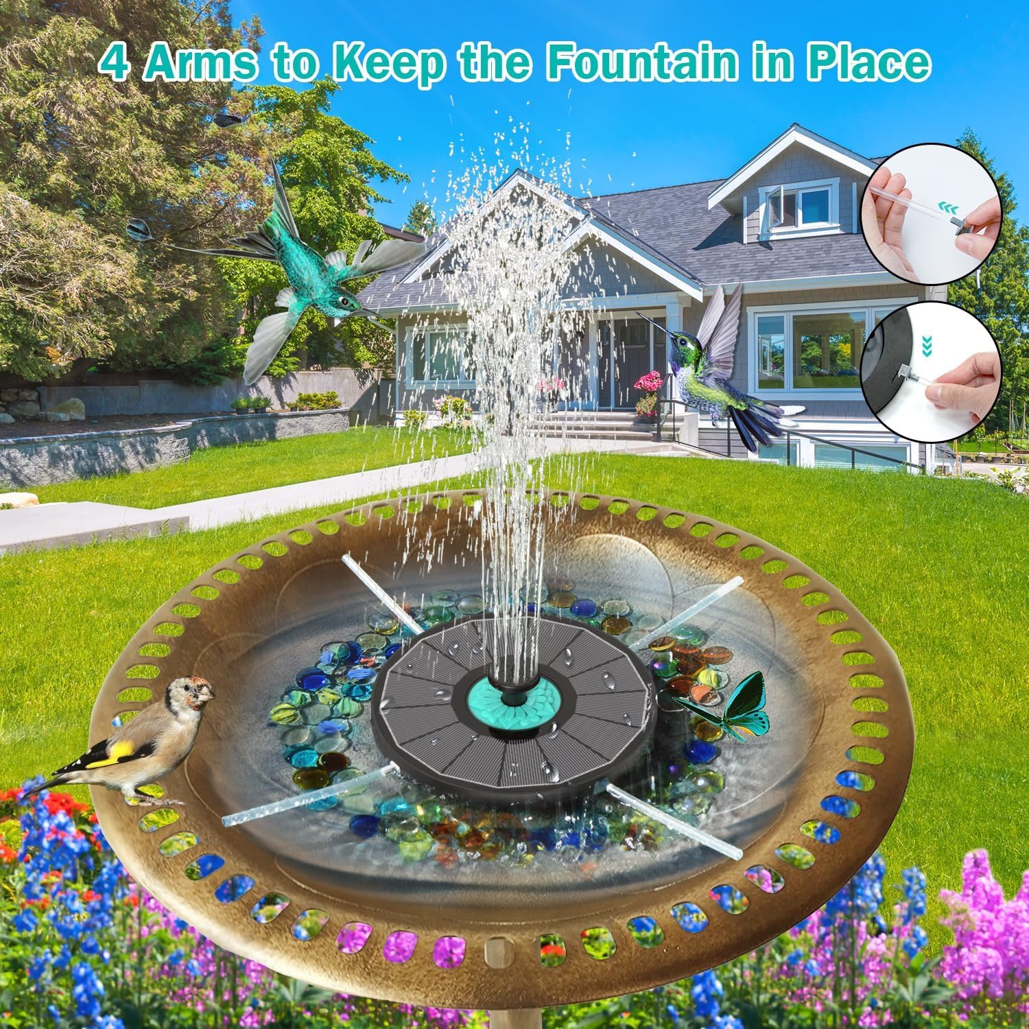 Detalle de SZMP Solar Springbrunnen für Außen (3,5 W) mit 7 Düsen und 4 Fixierrohren – für Garten, Vogelbad & Teich