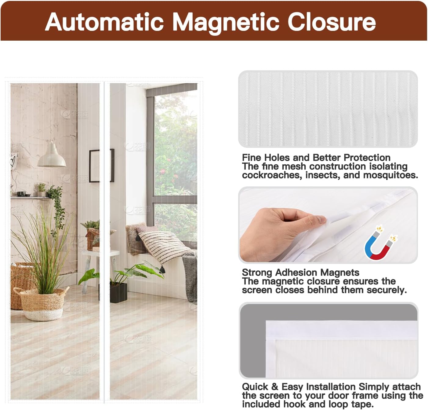 Detalle de Magnetic Screen Door with Powerful Magnets and Full Frame Hook & Loop, 90x210cm – White