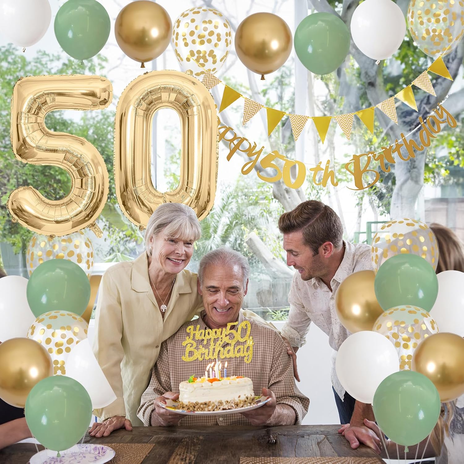 Thumbnail 6 de 50th Birthday Decorations for Men and Women in Sage Green, White, and Gold