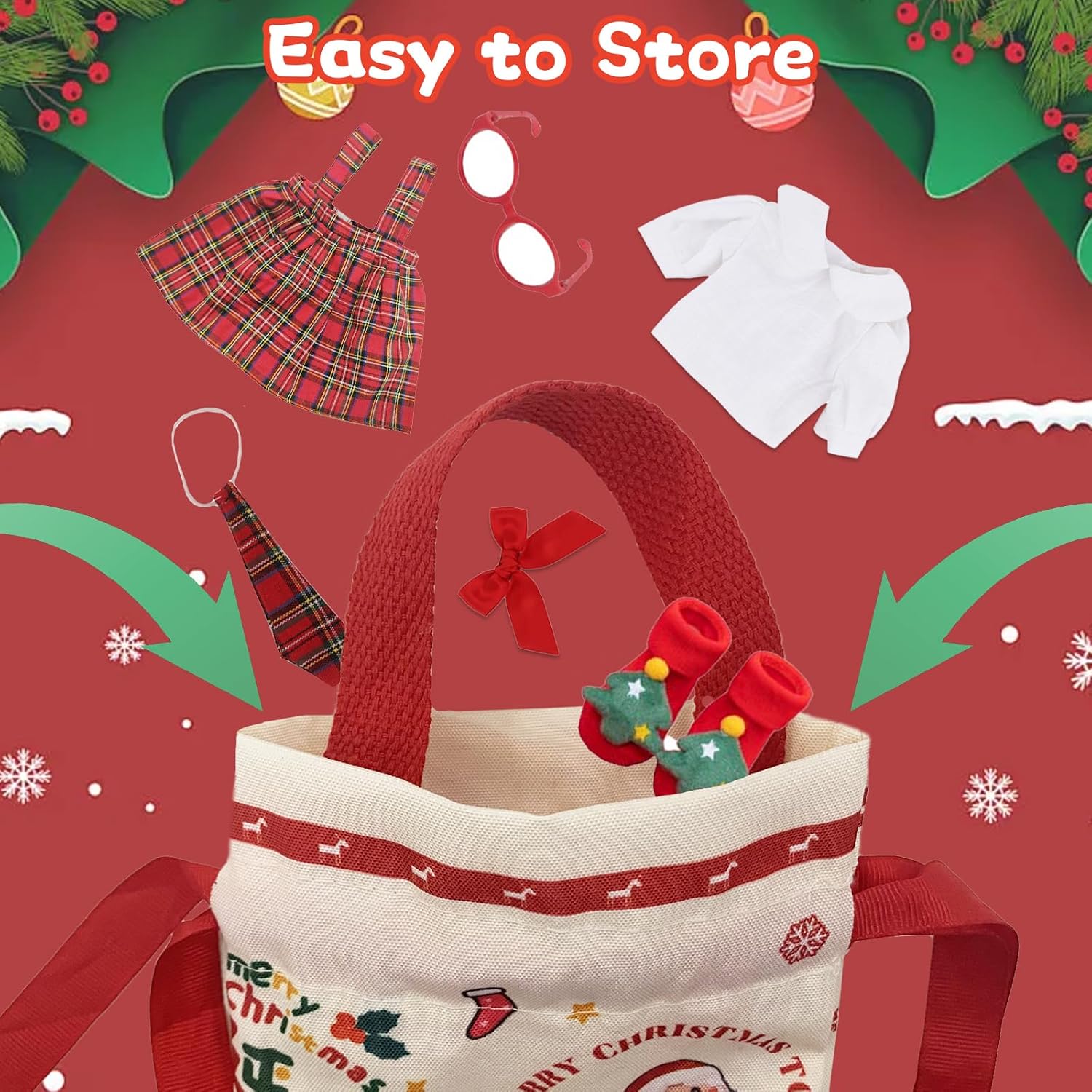 Detalle de Baby doll clothes set for 14–18 inch dolls (35–45cm) – 9-piece winter holiday outfits with red plaid dress, hair clips, glasses, stocking, and bag