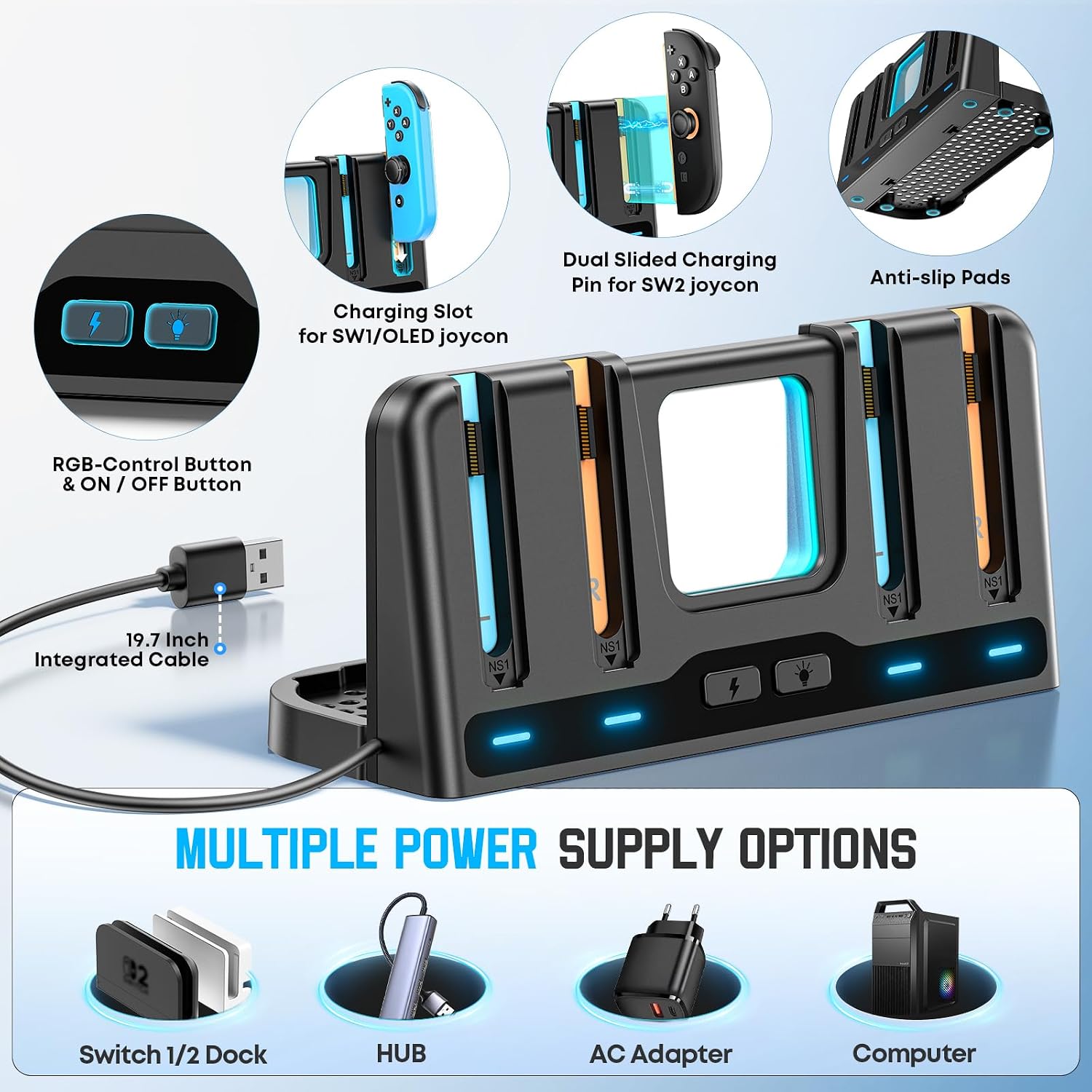 Detalle de for Mac Game Switch 2/1 Charging Dock Station: Dual Joycon Charging & Display Hub with 9 RGB Modes