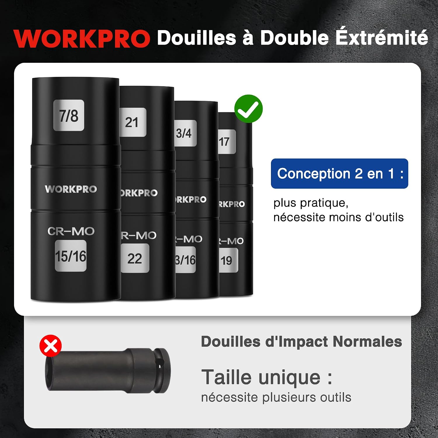 Thumbnail 5 de WORKPRO Douilles à Choc 1/2 Flip CR-Mo