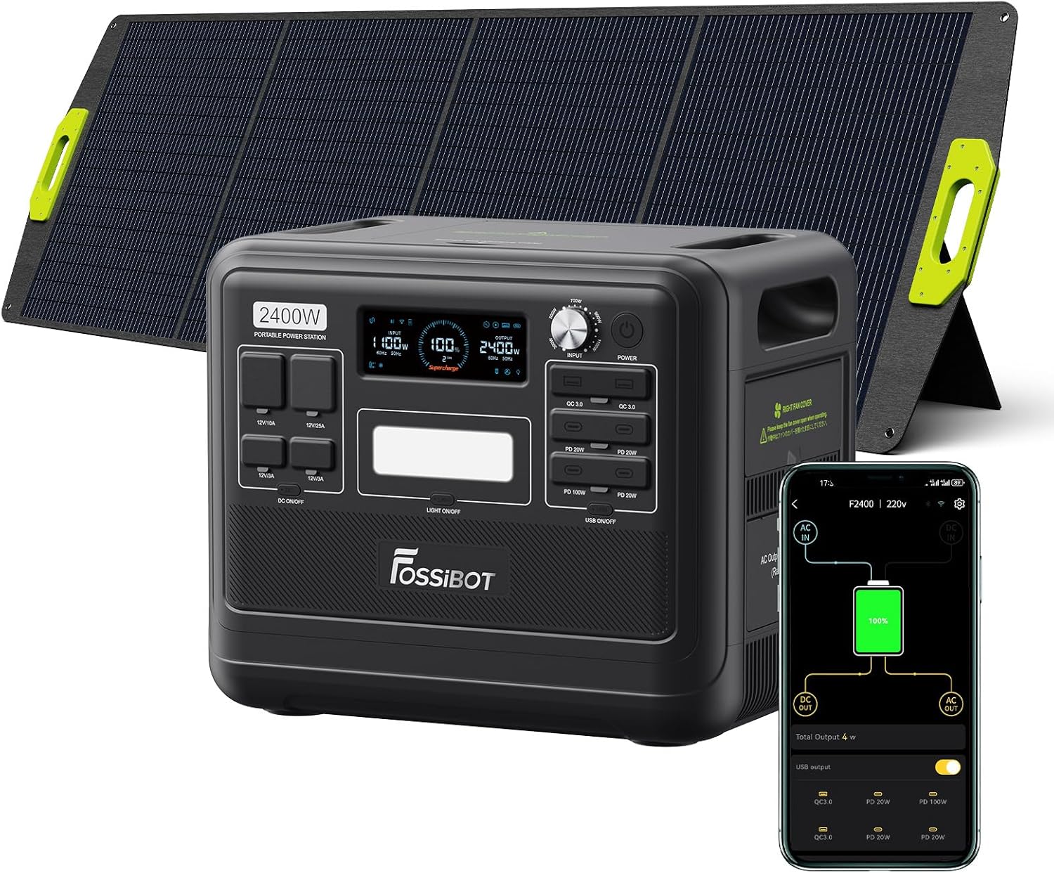 Thumbnail 2 de FOSSiBOT F2400 Générateur Solaire avec Panneau 200W – 2048 Wh, LiFePO4, 3 Sorties CA 2400 W