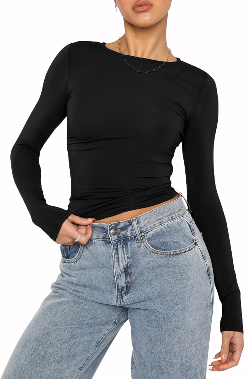 Detalle de Women’s casual crop tops slim fit long sleeve crew neck fitted T-shirt (polyester)