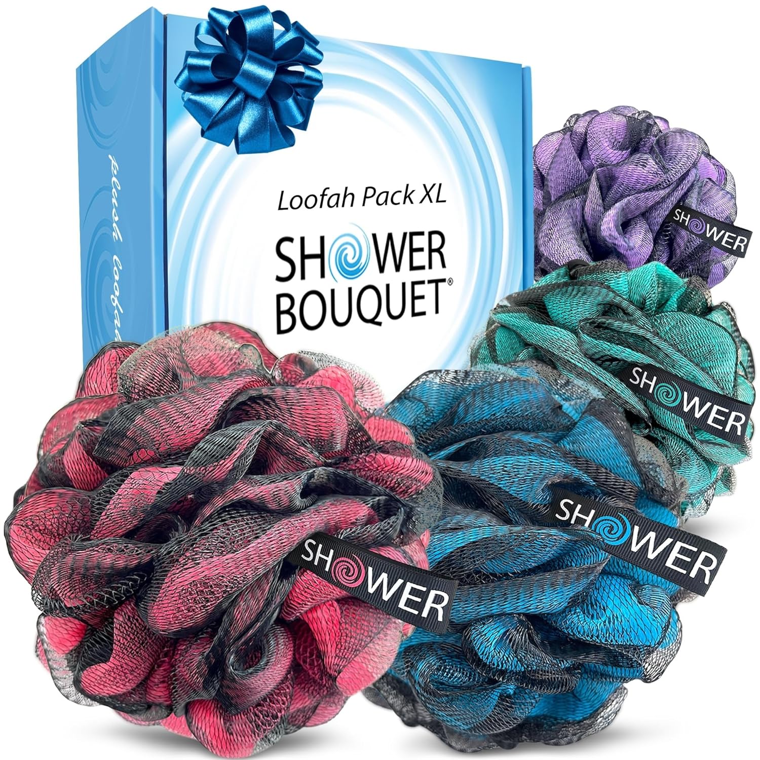 SHOWER BOUQUET Loofah-Charcoal Bath-Sponge XL 4-Pack