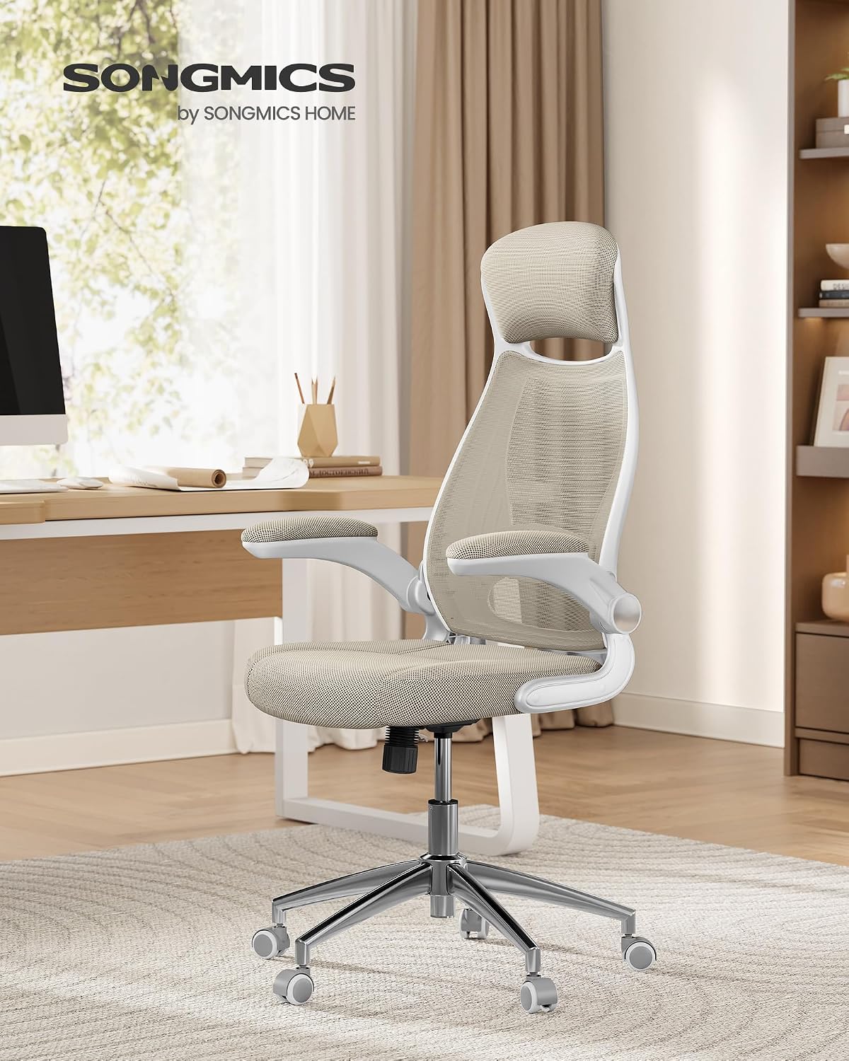 Detalle 2 de SONGMICS Sedia da Ufficio OBN086K01 Beige Cappuccino con poltrona girevole, braccioli ribaltabili e poggiatesta