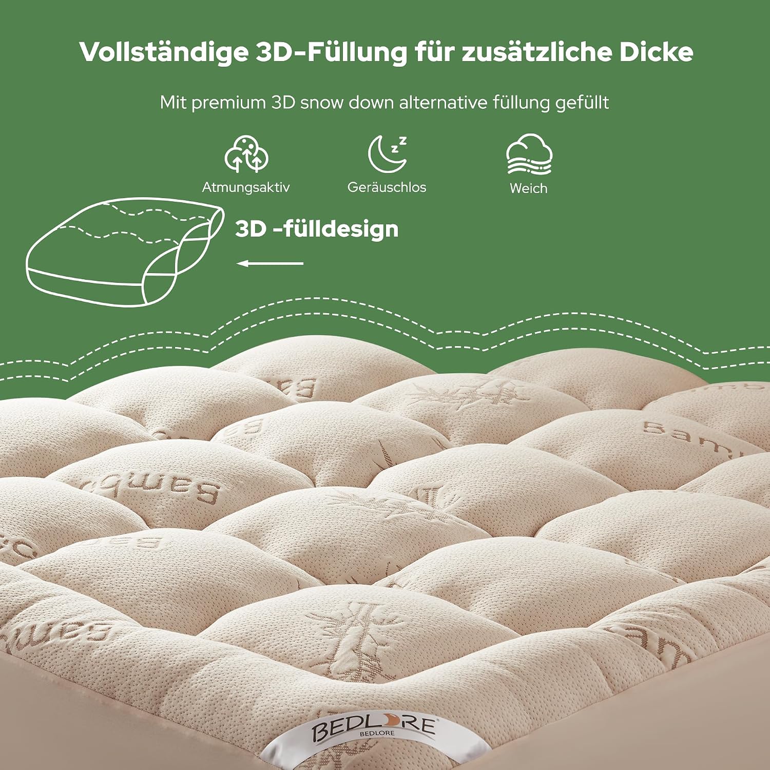 Detalle de BEDLORE Matratzentopper 160x200 cm aus Bambusfaser-Viskose – Beigefarbene Auflage mit tiefen Taschen
