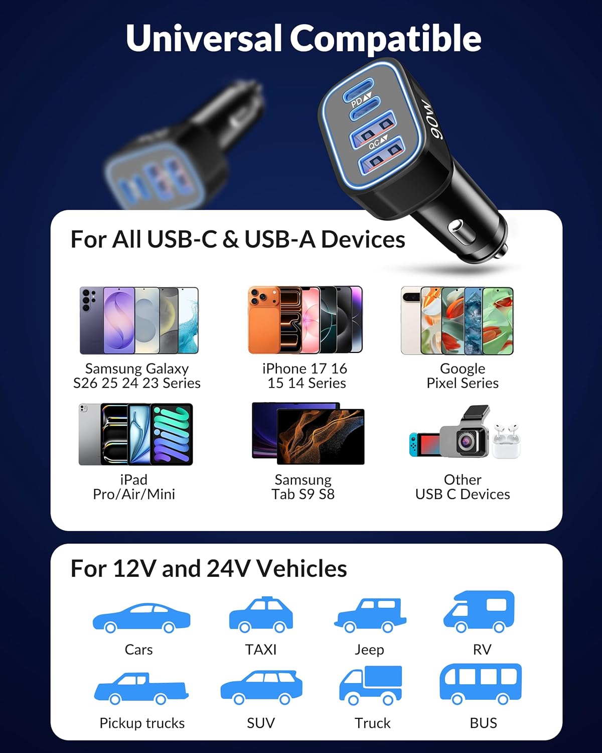 Thumbnail 3 de 90W 4-Port USB-C Car Charger with 3ft Cable for Samsung, iPhone, and More