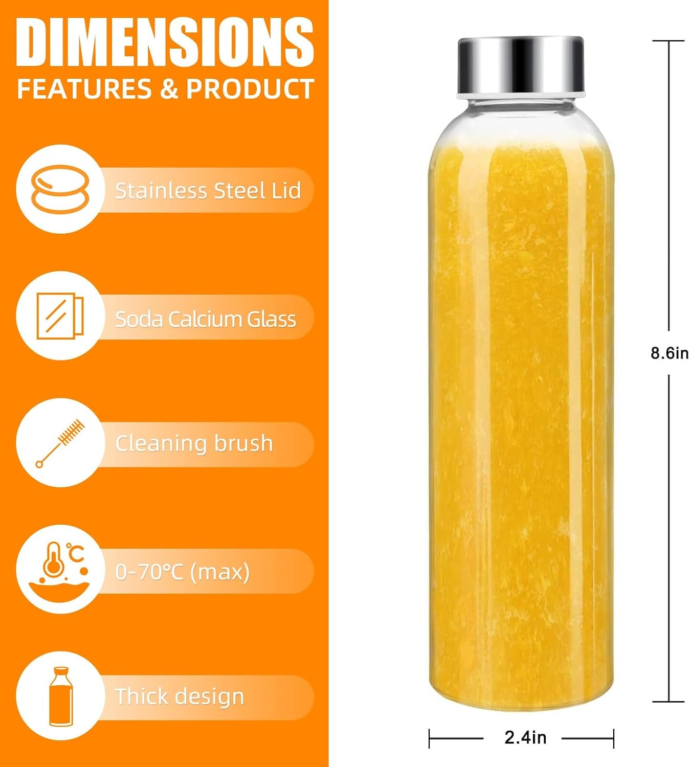 Detalle 2 de Eidoct 8pcs 500ml Glass Water Bottles with Lids (Leakproof) + Cleaning Brush