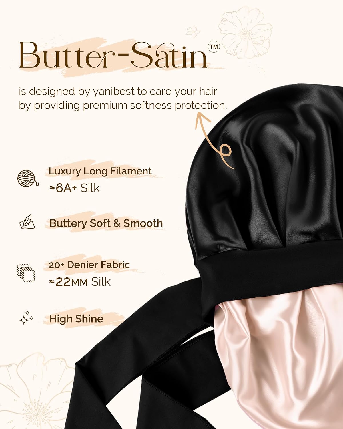 Detalle de YANIBEST Satin Seide Haube für schlafende Frauen – Double Layer Haarbonnet mit elastischem Bindeband